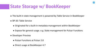 34
State Storage w/ BookKeeper
The built-in state management is powered by Table Service in BookKeeper
BP-30: Table Service
Originated for a built-in metadata management within BookKeeper
Expose for general usage. e.g. State management for Pulsar FuncBons
Developer Preview
Pulsar FuncBons at Pulsar 2.0
Direct usage at BookKeeper 4.7
 