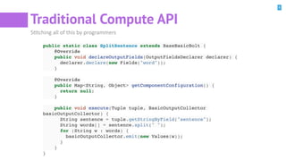 6
Traditional Compute API
SBtching all of this by programmers
public static class SplitSentence extends BaseBasicBolt {
@Override
public void declareOutputFields(OutputFieldsDeclarer declarer) {
declarer.declare(new Fields("word"));
}
@Override
public Map<String, Object> getComponentConfiguration() {
return null;
}
public void execute(Tuple tuple, BasicOutputCollector
basicOutputCollector) {
String sentence = tuple.getStringByField("sentence");
String words[] = sentence.split(" ");
for (String w : words) {
basicOutputCollector.emit(new Values(w));
}
}
}
 