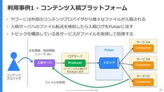 Copyright (C) 2017 Yahoo Japan Corporation. All Rights Reserved. 無断引用・転載禁止 22
利用事例1 - コンテンツ入稿プラットフォーム
▪ ヤフーには外部のコンテンツプロバイダから様々なファイルが入稿される
▪ 入稿サーバへのファイル転送を検知したら入稿ログをPulsarに流す
▪ トピックを購読している各サービスがファイルを取得して処理する
Producer
Consumer
トピック
サービスA
Pulsar
コンテンツの入稿ログ
をPulsarに流す
ファイルを取得
Consumer
サービスB
Consumer
サービスC
入稿サーバ
コンテンツ
プロバイダ
天気情報、地図情報、
ニュース etc.
ログサーバ
 
