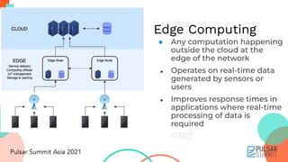 ● Any computation happening
outside the cloud at the
edge of the network
● Operates on real-time data
generated by sensors or
users
● Improves response times in
applications where real-time
processing of data is
required
Edge Computing
 