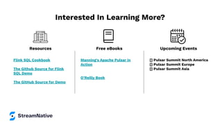 Interested In Learning More?
Flink SQL Cookbook
The Github Source for Flink
SQL Demo
The GitHub Source for Demo
Manning's Apache Pulsar in
Action
O’Reilly Book
[] Pulsar Summit North America
[] Pulsar Summit Europe
[] Pulsar Summit Asia
Resources Free eBooks Upcoming Events
 