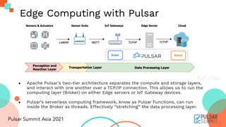 ● Apache Pulsar’s two-tier architecture separates the compute and storage layers,
and interact with one another over a TCP/IP connection. This allows us to run the
computing layer (Broker) on either Edge servers or IoT Gateway devices.
● Pulsar’s serverless computing framework, know as Pulsar Functions, can run
inside the Broker as threads. Effectively “stretching” the data processing layer.
Edge Computing with Pulsar
 