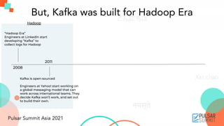 2008
“Hadoop Era”
Engineers at LinkedIn start
developing “Kafka” to
collect logs for Hadoop
Kafka is open-sourced
Engineers at Yahoo! start working on
a global messaging model that can
work across international teams. They
decide Kafka won’t work, and set out
to build their own.
2011
Hadoop
But, Kafka was built for Hadoop Era
 