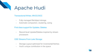 Apache Hudi
Transactional Writes, MVCC/OCC
- Fully managed file/object storage
- Automatic compaction, clustering, sizing
First class support for Updates, Deletes
- Record level Update/Deletes inspired by stream
processors
CDC Streams From Lake Storage
- Storage Layout optimized for incremental fetches
- Hudi’s unique contribution in the space
 