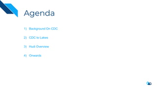 Agenda
1) Background On CDC
2) CDC to Lakes
3) Hudi Overview
4) Onwards
 