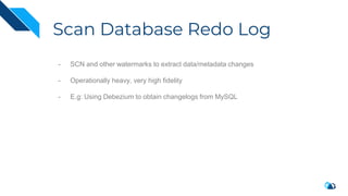 Scan Database Redo Log
- SCN and other watermarks to extract data/metadata changes
- Operationally heavy, very high fidelity
- E.g: Using Debezium to obtain changelogs from MySQL
 
