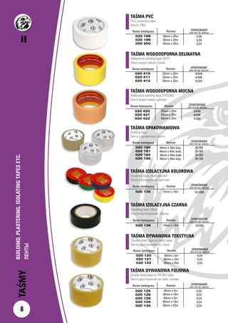 II
8
TAŚMY
BUILDIND,PLASTERING,ISOLATINGTAPESETC.
ЛЕНТЫ
TAŚMA OPAKOWANIOWA
Packing tape
Лента упаковочная (скотч)
Numer katalogowy Rozmiar OPAKOWANIE
ilość min./op. zbiorcze
020 180
020 181
020 182
020 185
		
		
48mm x 40m brąz.
48mm x 40m bezb.
48mm x 40m biała
48mm x 60m brąz.
36/360
36/360
36/360
36/180
TAŚMA IZOLACYJNA KOLOROWA
Insulating tape, multicoloured
Лента изоляционная цветная
Numer katalogowy Rozmiar OPAKOWANIE
ilość min./op. zbiorcze
020 135 15mm x 10m 10/1000
TAŚMA IZOLACYJNA CZARNA
Insulating tape, black
Лента изоляционная, чёрная
Numer katalogowy Rozmiar OPAKOWANIE
ilość min./op. zbiorcze
020 136 19mm x 10m 10/250
TAŚMA DYWANOWA TEKSTYLNA
Double sided tape on fabric base
Лента двусторонняя из ткани 		
Numer katalogowy Rozmiar OPAKOWANIE
ilość min./op. zbiorcze
020 120
020 121
020 122
50mm x 5m
50mm x 10m
50mm x 25m
5/24
5/24
2/24
TAŚMA DYWANOWA FOLIOWA
Double sided tape on PP-film base
Лента двусторонняя на плён. основе
Numer katalogowy Rozmiar OPAKOWANIE
ilość min./op. zbiorcze
020 125
020 126
020 128
020 129
020 130
38mm x 5m
38mm x 10m
50mm x 5m
50mm x 10m
50mm x 25m
5/32
5/32
5/24
5/24
2/24
TAŚMA PVC		
PVC protective tape					
Лента ПВХ		
Numer katalogowy Rozmiar OPAKOWANIE
ilość min./op. zbiorcze
020 198
020 199
020 200
30mm x 25m
38mm x 25m
50mm x 25m
5/36
5/30
5/24
TAŚMA WODOODPORNA DELIKATNA
Waterproof painting tape SOFT
Лента водостойкая тонкая
Numer katalogowy Rozmiar OPAKOWANIE
ilość min./op. zbiorcze
020 410
020 411
020 412
25mm x 25m
33mm x 25m
50mm x 25m
8/648
6/486
4/324
TAŚMA WODOODPORNA MOCNA
Waterproof painting tape STRONG
Лента водостойкая крепкая
Numer katalogowy Rozmiar OPAKOWANIE
ilość min./op. zbiorcze
020 420
020 421
020 422
25mm x 25m
33mm x 25m
50mm x 25m
8/648
6/486
4/324
 