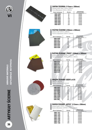 VI
36
ARTYKUŁYŚCIERNE
ABRASIVEMATERIALS		
АБРАЗИВНЫЕМАТЕРИАЛЫ		
SIATKA ŚCIERNA (115mm x 280mm)
Sanding screen mesh (115mm x 280mm)
Сетка абразивная (115mm x 280mm)
Numer katalogowy Rozmiar OPAKOWANIE
ilość min./op. zbiorcze
060 000
060 001
060 002
060 003
060 004
060 005
060 006
060 007
50/500
50/500
50/500
50/500
50/500
50/500
50/500
50/500
40
60
80
100
120
150
180
220
PŁÓTNO ŚCIERNE (230mm x 280mm)
Abrasive cloth (230mm x 280mm)
Полотно абразивное (230mm x 280mm)
Numer katalogowy Rozmiar OPAKOWANIE
ilość min./op. zbiorcze
060 020
060 021
060 022
060 023
060 024
060 025
060 026
36
46
60
80
100
120
150
50/500
50/500
50/500
50/500
50/500
50/500
50/500
PŁÓTNO ŚCIERNE „PROFI” (230mm x 280mm)
Abrasive cloth „PROFI” (230mm x 280mm)
Полотно абразивное „PROFI” (230mm x 280mm)
Numer katalogowy Rozmiar OPAKOWANIE
ilość min./op. zbiorcze
060 030
060 031
060 032
060 033
060 034
060 035
060 036
060 037
40
60
80
100
120
150
180
220
50/500
50/500
50/500
50/500
50/500
50/500
50/500
50/500
PAPIER ŚCIERNY „HITEX” (115mm x 280mm)
Abrasive paper „HITEX” (115mmx280mm)
Бумага абразивная „ХИТЕКС” (115mmх280mm)
Numer katalogowy Rozmiar OPAKOWANIE
ilość min./op. zbiorcze
060 101
060 102
060 103
060 104
060 105
060 106
060 107
060 108
40
60
80
100
120
150
180
240
100/500
100/500
100/500
100/500
100/500
100/500
100/500
100/500
KRĄŻEK ŚCIERNY (RZEP) ø125
Velcro sanding disc
Кружок абразивный с липучкой
Numer katalogowy Rozmiar OPAKOWANIE
ilość min./op. zbiorcze
060 053
060 054
060 055
060 056
060 057
060 058
060 059
060 060
060 061
36
40
60
80
100
120
150
180
220
50/500
50/1000
50/1000
50/1000
50/1000
50/1000
50/1000
50/1000
50/1000
 