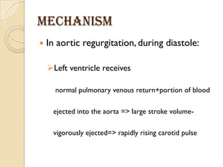 Mechanism
 In aortic regurgitation, during diastole:
Left ventricle receives
normal pulmonary venous return+portion of blood
ejected into the aorta => large stroke volume-
vigorously ejected=> rapidly rising carotid pulse
 