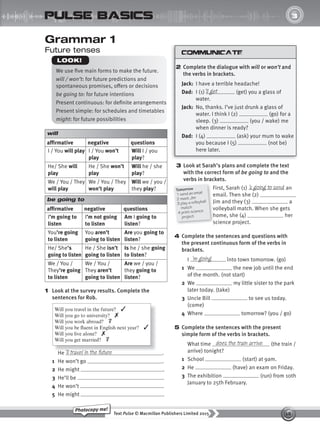 18
Text Pulse © Macmillan Publishers Limited 2015
Photocopy me!
UNIT
3
pulse basics
2 Complete the dialogue with will or won’t and
the verbs in brackets.
Jack: I have a terrible headache!
Dad: I (1) (get) you a glass of
water.
Jack: No, thanks. I’ve just drunk a glass of
water. I think I (2) (go) for a
sleep. (3) (you / wake) me
when dinner is ready?
Dad: I (4) (ask) your mum to wake
you because I (5) (not be)
here later.
’ll get
Grammar 1
Future tenses
We use five main forms to make the future.
will / won’t: for future predictions and
spontaneous promises, offers or decisions
be going to: for future intentions
Present continuous: for definite arrangements
Present simple: for schedules and timetables
might: for future possibilities
LOOK!
will
affirmative negative questions
I / You will play I / You won’t
play
Will I / you
play?
He/ She will
play
He / She won’t
play
Will he / she
play?
We / You / They
will play
We / You / They
won’t play
Will we / you /
they play?
be going to
affirmative negative questions
I’m going to
listen
I’m not going
to listen
Am I going to
listen?
You’re going
to listen
You aren’t
going to listen
Are you going to
listen?
He/ She’s
going to listen
He / She isn’t
going to listen
Is he / she going
to listen?
We / You /
They’re going
to listen
We / You /
They aren’t
going to listen
Are we / you /
they going to
listen?
1 Look at the survey results. Complete the
sentences for Rob.
Will you travel in the future? ✓
Will you go to university? ✗
Will you work abroad? ?
Will you be fluent in English next year? ✓
Will you live alone? ✗
Will you get married? ?
’ll travel in the future
First, Sarah (1) an
email. Then she (2)
Jim and they (3) a
volleyball match. When she gets
home, she (4) her
science project.
He .
1 He won’t go .
2 He might .
3 He’ll be .
4 He won’t .
5 He might .
’s going to send
Fir
email. Then she (2)
Jim and they (3)
volleyball match. When she gets
home, she (4)
science project.
Tomorrow
1 send an email
2 meet Jim
3 play a volleyball
match
4 print science
project
3 Look at Sarah’s plans and complete the text
with the correct form of be going to and the
verbs in brackets.
4 Complete the sentences and questions with
the present continuous form of the verbs in
brackets.
I ’into town tomorrow. (go)
1 We the new job until the end
of the month. (not start)
2 We my little sister to the park
later today. (take)
3 Uncle Bill to see us today.
(come)
4 Where tomorrow? (you / go)
5 Complete the sentences with the present
simple form of the verbs in brackets.
What time (the train /
arrive) tonight?
1 School (start) at 9am.
2 He (have) an exam on Friday.
3 The exhibition (run) from 10th
January to 25th February.
’m going
does the train arrive
9780230439702_A-Basics_CS6.indd 18 30/03/2015 11:11
 