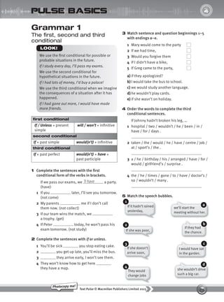 24
Text Pulse © Macmillan Publishers Limited 2015
Photocopy me!
UNIT
4
pulse basics
Grammar 1
The first, second and third
conditional
3 Match sentence and question beginnings 1–5
with endings a–e.
1 Mary would come to the party
2 If we had time,
3 Would you forgive them
4 If I didn’t have a bike,
5 If Greg came to the party,
a) if they apologized?
b)I would take the bus to school.
c) we would study another language.
d) he wouldn’t play cards.
e) if she wasn’t on holiday.
4 Order the words to complete the third
conditional sentences.
If Johnny hadn’t broken his leg, …
1 hospital / two / wouldn’t / he / been / in /
have / for / days .
2 taken / the / would / he / have / centre / job /
at / sport’s / the .
3 a / he / birthday / his / arranged / have / for /
would / girlfriend’s / surprise .
4 the / he / times / gone / to / have / doctor’s /
so / wouldn’t / many .
5 Match the speech bubbles.
We use the first conditional for possible or
probable situations in the future.
If I study every day, I’ll pass my exams.
We use the second conditional for
hypothetical situations in the future.
If I had lots of money, I’d buy a palace!
We use the third conditional when we imagine
the consequences of a situation after it has
happened.
If I had gone out more, I would have made
more friends.
LOOK!
first conditional
If / Unless + present
simple
will / won’t + infinitive
second conditional
If + past simple would(n’t) + infinitive
third conditional
If + past perfect would(n’t) + have +
past participle
1 Complete the sentences with the first
conditional form of the verbs in brackets.
If we pass our exams, we a party.
(have)
1 If you later, I’ll see you tomorrow.
(not come)
2 My parents me if I don’t call
them now. (not collect)
3 If our team wins the match, we
a trophy. (get)
4 If Peter today, he won’t pass his
exam tomorrow. (not study)
2 Complete the sentences with if or unless.
1 You’ll be sick you stop eating cake.
2 you get up late, you’ll miss the bus.
3 they arrive early, I won’t see them.
4 They won’t know how to get here
they have a map.
’ll have
If she was poor,
2
If she doesn’t
arrive soon,
3
They would
change jobs
4
we’ll start the
meeting without her.
a
if they had
the chance.
b
I would have sat
in the garden.
c
she wouldn’t drive
such a big car.
d
If it hadn’t rained
yesterday,
1
9780230439702_A-Basics_CS6.indd 24 30/03/2015 11:11
 