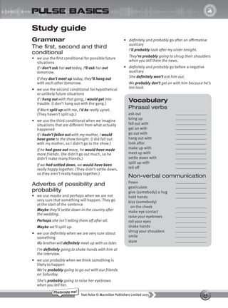 28
Text Pulse © Macmillan Publishers Limited 2015
Photocopy me!
UNIT
4
pulse basics
Vocabulary
Phrasal verbs
ask out
bring up
fall out with
get on with
go out with
hang out with
look after
make up with
meet up with
settle down with
split up with
tell off
Non-verbal communication
frown
gesticulate
give (somebody) a hug
hold hands
kiss (somebody)
on the cheek
make eye contact
raise your eyebrows
roll your eyes
shake hands
shrug your shoulders
smile
stare
Study guide
Grammar
The first, second and third
conditional
• we use the first conditional for possible future
situations
If I don’t ask her out today, I’ll ask her out
tomorrow.
If they don’t meet up today, they’ll hang out
with each other tomorrow.
• we use the second conditional for hypothetical
or unlikely future situations
If I hung out with that gang, I would get into
trouble. (I don’t hang out with the gang.)
If Mark split up with me, I’d be really upset.
(They haven’t split up.)
• we use the third conditional when we imagine
situations that are different from what actually
happened
If I hadn’t fallen out with my mother, I would
have gone to the show tonight. (I did fall out
with my mother, so I didn’t go to the show.)
If he had gone out more, he would have made
more friends. (He didn’t go out much, so he
didn’t make many friends.)
If we had settled down, we would have been
really happy together. (They didn’t settle down,
so they aren’t really happy together.)
Adverbs of possibility and
probability
• we use maybe and perhaps when we are not
very sure that something will happen. They go
at the start of the sentence
Maybe they’ll settle down in the country after
the wedding.
Perhaps she isn’t telling them off after all.
Maybe we’ll split up.
• we use definitely when we are very sure about
something
My brother will definitely meet up with us later.
I’m definitely going to shake hands with him at
the interview.
• we use probably when we think something is
likely to happen
We’re probably going to go out with our friends
on Saturday.
She’s probably going to raise her eyebrows
when you tell her.
• definitely and probably go after an affirmative
auxiliary
I’ll probably look after my sister tonight.
They’re probably going to shrug their shoulders
when you tell them the news.
• definitely and probably go before a negative
auxiliary
She definitely won’t ask him out.
We probably don’t get on with him because he’s
too loud.
9780230439702_A-Basics_CS6.indd 28 30/03/2015 11:11
 