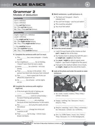 38
Text Pulse © Macmillan Publishers Limited 2015
Photocopy me!
UNIT
6
pulse basics
Grammar 2
Modals of deduction
certainty
can’t + infinitive
must + infinitive
I / You can’t be famous
He / She can’t be famous
We / You / They can’t be famous
possibility
might / might not + infinitive
could + infinitive
I / You might not be famous
He / She might not be famous
We / You / They might not be famous
I / You could be famous
He / She could be famous
We / You / They could be famous
1 Complete the sentences with can’t or must.
1 This be a new computer – it looks
so old!
2 Our neighbours be on holiday.
I haven’t seen them for over a week.
3 James be a dentist – he’s too
young.
4 That be you in the photo – this
person has black hair, but your hair is blond!
5 She have a good job if she can
afford this expensive car.
6 He be at home – all the lights
are on.
2 Complete the sentences with might or
might not.
1 If my mum gets the job in Sydney, we
move to Australia.
2 James come to school today –
he wasn’t feeling well yesterday.
3 The players win anything
because of their bad behaviour in the match.
4 You be lucky this week and win
the lottery!
5 She change her mind and
surprise us all!
6 That be his dog – I think it was
brown not black.
3 Match sentences 1–4 with pictures a–d.
1 The food can’t be good – there’s
nobody here!
2 You can’t be hungry – you’ve just eaten!
3 This could be valuable!
4 You must feel awful!
4 Circle the correct answer.
1 I said I’d meet Sarah at the cinema so that
can’t / must be her at the door.
2 Our hockey team is doing very well this year –
we might not / could win the finals!
3 You must / might be able to speak some
English – you lived in England for five years!
4 If we get to the stadium before nine o’clock,
we might / must see the end of the match.
5 Look at the photo and order the words to make
sentences.
a b
c d
1 be / look / could / sisters / They / they /
similar / because .
2 happy / smiling / be / because / must /
they’re / They .
3 they’re / wearing / can’t / They / university /
be / because / school / at / uniforms .
4 the / is / Eiffel Tower / must / be / Paris /
They / because / in / in the background .
9780230439702_A-Basics_CS6.indd 38 30/03/2015 11:11
 