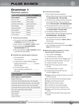 42
Text Pulse © Macmillan Publishers Limited 2015
Photocopy me!
UNIT
7
pulse basics
Grammar 1
Reported speech
reported speech: tense changes
direct speech reported speech
am / is / are was / were
present simple past simple
present continuous past continuous
past simple past perfect
present perfect past perfect
will / would would
must / have to had to
can / could could
1 Circle the correct answer.
1 The teacher said that he was starting /
is starting rehearsals for the play.
2 Jodie said that she wanted / wants to play.
3 She said that she has downloaded /
had downloaded the film.
4 The actor said that he did / had done another
action film the year before.
2 Complete the reported speech sentences.
1 ‘It’s a great film!’
They said that it a great film.
2 ‘I would love to watch that film again.’
Sophie said that she to watch
that film again.
3 ‘I’ve finished the script.’
The script writer said that she
the script.
reported speech: changes to time
expressions
direct speech ➔ reported speech
today ➔ that day
tomorrow ➔ the following day / the day after
next week ➔ the following week / the week after
yesterday ➔ the previous day / the day before
last week ➔ the previous week / the week before
four years ago ➔ four years before
here ➔ there
this ➔ that
these ➔ those
3 Circle the correct answer.
1 ‘Sorry I didn’t call you yesterday.’
Max said that he was sorry he hadn’t called
me the previous day / the next day.
2 ‘The film club’s showing Gravity next week.’
He said that the film club was showing
Gravity the next week / the following week.
3 ‘Three great movies came out last year.’
She said that three great movies had come
out the year before / the year after.
4 ‘I’m flying to Hollywood tomorrow!’
Chloe said that she was flying to Hollywood
the following day / the day after.
5 ‘I’ll meet you here at nine o’clock.’
Dan said that he would me there / here at
nine o’clock.
6 ‘I need these chairs for the set.’
The set designer said that she needed that /
those chairs for the set.
4 Match direct speech sentences 1–8 with
reported speech sentences a–h.
1 ‘You’re late!’ said Maggie.
2 ‘I missed the bus,’ said Jack.
3 ‘We can’t go to the cinema,’ Maggie said.
4 ‘The film has already started,’ she said.
5 ‘It doesn’t matter,’ Jack said.
6 ‘We don’t have to go to the cinema,’
he said.
7 ‘I’m feeling hungry,’ he said.
8 ‘Luckily I know a nice café near the
cinema!’ Maggie said.
a) Maggie said that luckily she knew a nice café
near the cinema.
b)She said that the film had already started.
c) Maggie said that Jack was late.
d) Jack said that it didn’t matter.
e) He said that he was feeling hungry.
f ) Jack said that he had missed the bus.
g)Maggie said that they couldn’t go to the
cinema.
h)He said that they didn’t have to go to the
cinema.
9780230439702_A-Basics_CS6.indd 42 30/03/2015 11:11
 