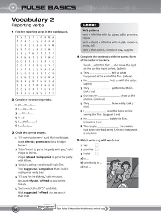 Text Pulse © Macmillan Publishers Limited 2015
43
Photocopy me!
UNIT
7 pulse basics
4 Complete the sentences with the correct form
of the verbs in brackets.
Sarah she broke the light
on the car the night before. (admit)
1 They tell us what
happened at the end of the film. (refuse)
2 He help us with the script.
(agree)
3 They perform for them.
(ask / us)
4 Our teacher show us the
photos. (promise)
5 They leave early. (ask /
him)
6 I read the book before
seeing the film. (suggest / we)
7 He watch the film.
(convince / us)
8 The couple the service
had been very bad at the Chinese restaurant.
(complain)
5 Match verbs 1–3 with words a–c.
1 say
2 promise
3 invite
a) to …
b)somebody to …
c) that …
admitted that
Vocabulary 2
Reporting verbs
1 Find ten reporting verbs in the wordsquare.
T V D J F L D N M A
T P R C L V I P P D
L E R E E A U R V M
V B T O L A E E W I
J Y L P M F T Z T T
Y T M X T I X F W C
Q O S E S C S R I E
C O F F E R U E V F
I H T K L U H A E A
S U G G G E S T C K
C Y M Z Y S N G M A
W B A J W F H N S G
Z E Y E P W S N U R
O Q Y G R E F U S E
A S K H I N V I T E
2 Complete the reporting verbs.
1 pr m s
2 c nv nc
3 nv t
4 s y
5 c mpl n
6 r f s
3 Circle the correct answer.
1 ‘I’ll love you forever!’ said Mark to Bridget.
Mark offered / promised to love Bridget
forever.
2 ‘I don’t want to go to the party with you,’ said
Pippa to Oliver.
Pippa refused /complained to go to the party
with Oliver.
3 ‘Linda’s acting is really bad!’ said Tim.
Tom suggested / complained that Linda’s
acting was really bad.
4 ‘I’ll pay for the tickets,’ said my aunt.
My aunt refused / offered to pay for the
tickets.
5 ‘Let’s watch this DVD!’ said Nick.
Nick suggested / offered that we watch
that DVD.
Verb patterns
verb + infinitive with to: agree, offer, promise,
refuse
verb + object + infinitive with to: ask, convince,
invite, tell
verb + that: admit, complain, say, suggest
LOOK!
9780230439702_A-Basics_CS6.indd 43 30/03/2015 11:11
 