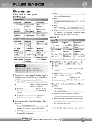 4
Text Pulse © Macmillan Publishers Limited 2015
Photocopy me!
STARTER
pulse basics
Grammar
Past simple and past
continuous
past simple
affirmative negative questions
I / You watched I / You didn’t
watch
Did I / you
watch?
He / She
watched
He / She
didn’t watch
Did he / she
watch?
We / You / They
watched
We / You / They
didn’t watch
Did we / you /
they watch?
past continuous
affirmative negative questions
I was working I wasn’t
working
Was I working?
You were
working
You weren’t
working
Were you
working?
He / She was
working
He / She
wasn’t working
Was he / she
working?
We / You / They
were working
We / You / They
weren’t
working
Were we / you /
they working?
We use when with the past simple.
We use while with the past continuous.
LOOK!
1 Complete the sentences with the past simple or
past continuous form of the verbs in brackets.
1 While we (watch)
the match, it (start) to rain.
2 I (read) a cool article while
I (wait) for the train.
3 My sister (take) a photo
when she (fall) and hurt
her arm.
4 My parents (sunbathe)
while we (swim).
2 Write questions for the underlined part of the
answers.
Where ?
We went to the South of France last year.
1 How long ?
We stayed for two weeks.
did you go last year
2 Where ?
We stayed at a campsite.
3 What ?
We did many interesting things. We even saw
a fox!
4 What ?
We were making a campfire when we saw it.
5 What ?
The fox didn’t do anything. It looked at me for
a few minutes and then it ran away.
used to
used to
affirmative negative questions
I / You used
to go
I / You didn’t
use to go
Did I / you use
to go?
He / She used
to go
He / She didn’t
use to go
Did he / she
use to go?
We / You / They
used to go
We / You / They
didn’t use to
go
Did we / you /
they use to go?
3 Complete the sentences and questions with
the correct form of used to and the verbs in
brackets.
1 I (listen) to music in the
shower.
2 My parents (walk) five
miles to school every day.
3 He (not have) a car.
4 (TVs / be) black and white?
4 Rewrite the sentences with the correct form of
used to.
He was poor.
1 My friends didn’t play tennis with me.
2 We played beach volleyball every summer.
3 She had long, black hair.
4 You didn’t study for two hours after school.
He used to be poor.
9780230439702_A-Basics_CS6.indd 4 30/03/2015 11:11
 
