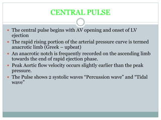 CENTRAL PULSE
 The central pulse begins with AV opening and onset of LV
ejection
 The rapid rising portion of the arterial pressure curve is termed
anacrotic limb (Greek – upbeat)
 An anacrotic notch is frequently recorded on the ascending limb
towards the end of rapid ejection phase.
 Peak Aortic flow velocity occurs slightly earlier than the peak
pressure.
 The Pulse shows 2 systolic waves “Percussion wave” and “Tidal
wave”
 