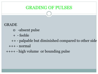 GRADING OF PULSES
GRADE
0 -absent pulse
+ - feeble
++ - palpable but diminished compared to other side
+++ - normal
++++ - high volume or bounding pulse
 
