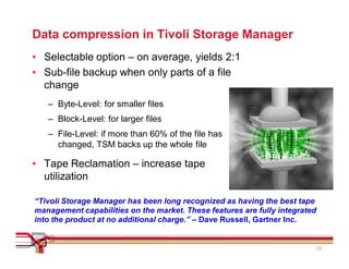 Data compression in Tivoli Storage Manager
• Selectable option – on average, yields 2:1
• Sub-file backup when only parts of a file
  change
   – Byte-Level: for smaller files
   – Block-Level: for larger files
   – File-Level: if more than 60% of the file has
     changed, TSM backs up the whole file

• Tape Reclamation – increase tape
  utilization

“Tivoli Storage Manager has been long recognized as having the best tape
management capabilities on the market. These features are fully integrated
into the product at no additional charge.” – Dave Russell, Gartner Inc.


                                                                             23
 