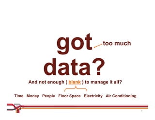got                         too much



             data?
      And not enough ( blank ) to manage it all?

Time Money People Floor Space Electricity Air Conditioning


                                                             3
 