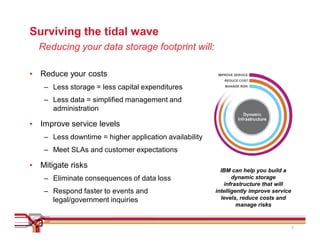 Surviving the tidal wave
  Reducing your data storage footprint will:

• Reduce your costs
    – Less storage = less capital expenditures
    – Less data = simplified management and
      administration

• Improve service levels
    – Less downtime = higher application availability
    – Meet SLAs and customer expectations

• Mitigate risks
                                                          IBM can help you build a
    – Eliminate consequences of data loss                      dynamic storage
                                                           infrastructure that will
    – Respond faster to events and                      intelligently improve service
      legal/government inquiries                          levels, reduce costs and
                                                                 manage risks



                                                                                        7
 
