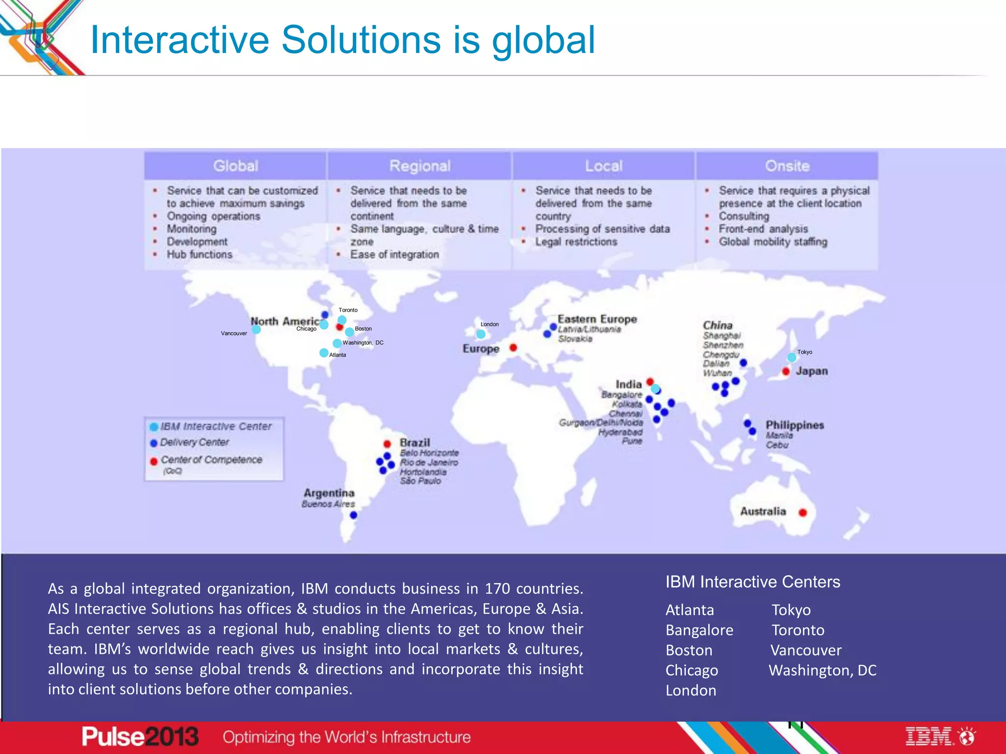 Interactive Solutions is global




                                                  Toronto

                                                                     London
                                     Chicago             Boston
                         Vancouver
                                                    Washington, DC
                                                                                                   Tokyo
                                               Atlanta




As a global integrated organization, IBM conducts business in 170 countries.      IBM Interactive Centers
AIS Interactive Solutions has offices & studios in the Americas, Europe & Asia.   Atlanta      Tokyo
Each center serves as a regional hub, enabling clients to get to know their       Bangalore    Toronto
team. IBM’s worldwide reach gives us insight into local markets & cultures,       Boston       Vancouver
allowing us to sense global trends & directions and incorporate this insight      Chicago      Washington, DC
into client solutions before other companies.                                     London
                                                                                                                11

                                                                                                 11
 