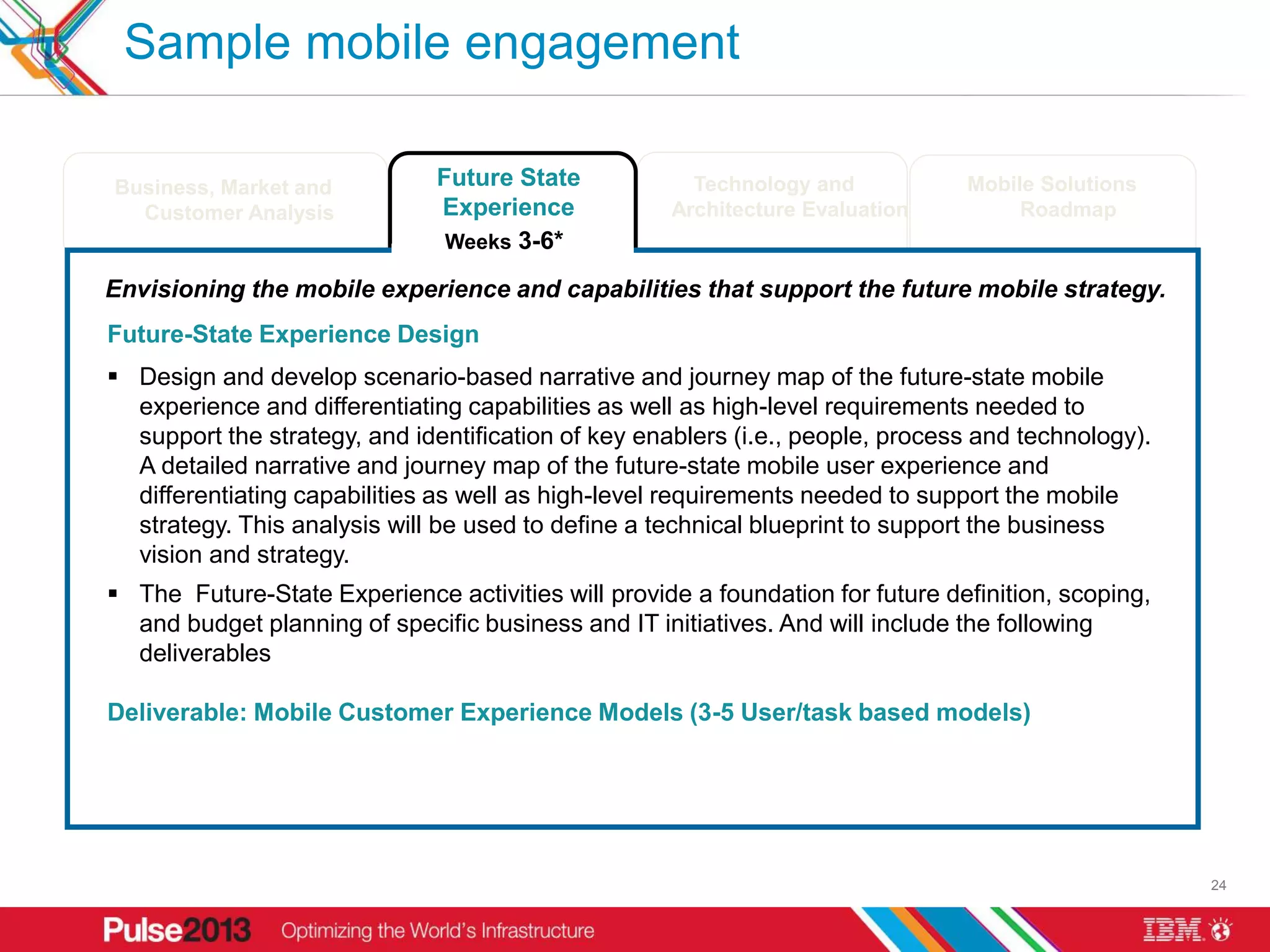 Sample mobile engagement

      Business, Market and                    Future State                    Technology and                     Mobile Solutions
        Customer Analysis                     Experience                    Architecture Evaluation                   Roadmap
                                               Weeks 3-6*

    Envisioning the mobile experience and capabilities that support the future mobile strategy.
     Future-State Experience Design
      Design and develop scenario-based narrative and journey map of the future-state mobile
       experience and differentiating capabilities as well as high-level requirements needed to
       support the strategy, and identification of key enablers (i.e., people, process and technology).
       A detailed narrative and journey map of the future-state mobile user experience and
       differentiating capabilities as well as high-level requirements needed to support the mobile
       strategy. This analysis will be used to define a technical blueprint to support the business
       vision and strategy.
      The Future-State Experience activities will provide a foundation for future definition, scoping,
       and budget planning of specific business and IT initiatives. And will include the following
       deliverables

     Deliverable: Mobile Customer Experience Models (3-5 User/task based models)




* Assuming an 10 week schedule. Final timing to be defined based on a more specifically defined project scope.
                                                                                                                                    24
 