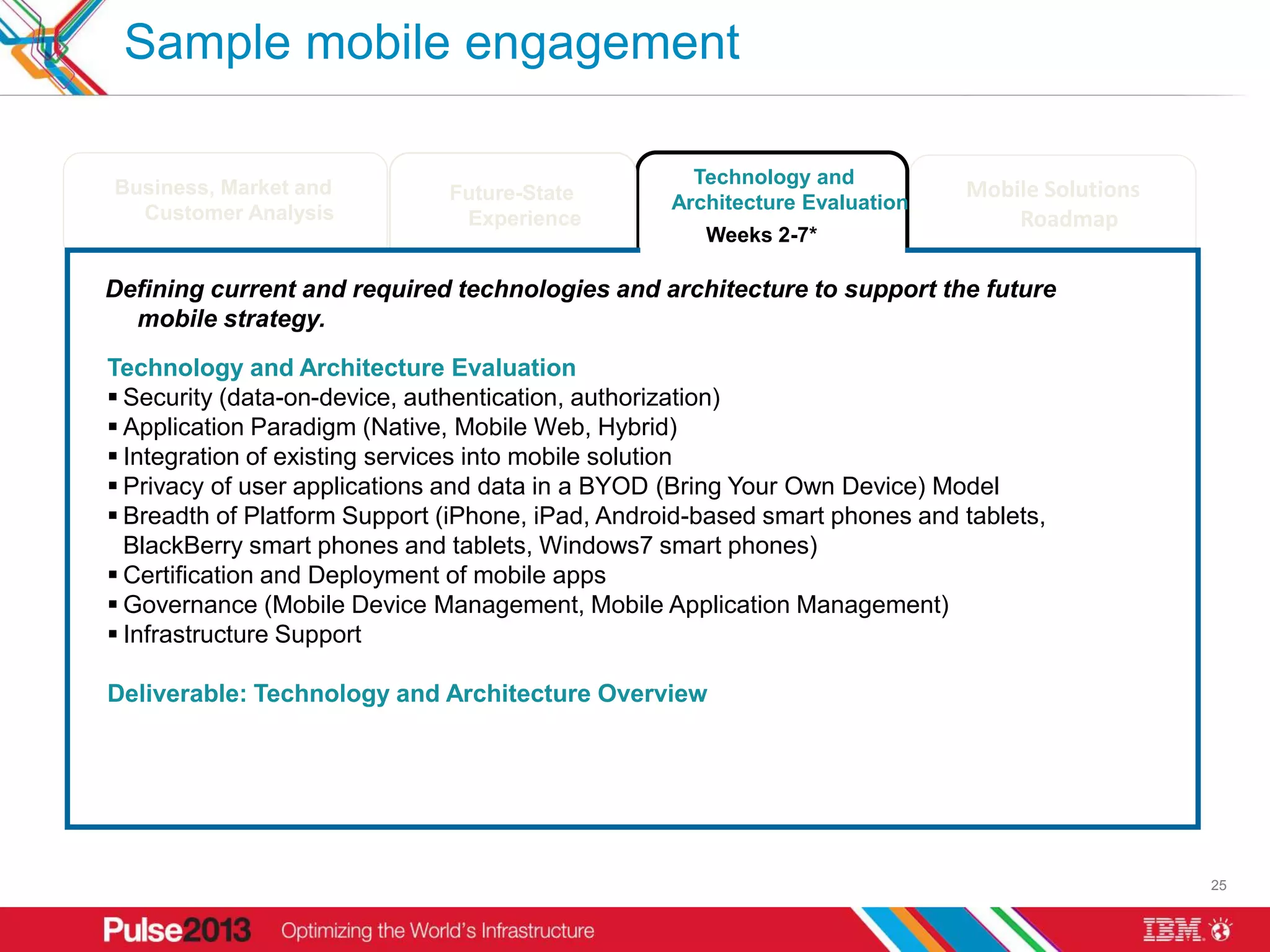Sample mobile engagement

                                                                              Technology and                     Mobile Implementation
      Business, Market and                      Future-State                                                       Mobile Solutions
        Customer Analysis                                                   Architecture Evaluation                      Roadmap
                                                 Experience                                                              Roadmap
                                                                                Weeks 2-7*

    Defining current and required technologies and architecture to support the future
      mobile strategy.
     Technology and Architecture Evaluation
      Security (data-on-device, authentication, authorization)
      Application Paradigm (Native, Mobile Web, Hybrid)
      Integration of existing services into mobile solution
      Privacy of user applications and data in a BYOD (Bring Your Own Device) Model
      Breadth of Platform Support (iPhone, iPad, Android-based smart phones and tablets,
       BlackBerry smart phones and tablets, Windows7 smart phones)
      Certification and Deployment of mobile apps
      Governance (Mobile Device Management, Mobile Application Management)
      Infrastructure Support

     Deliverable: Technology and Architecture Overview




* Assuming an 10 week schedule. Final timing to be defined based on a more specifically defined project scope.
                                                                                                                                         25
 