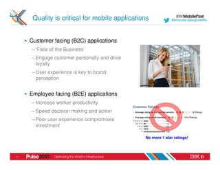 Quality is critical for mobile applications            #ibmpulse @leighawillia




     Customer facing (B2C) applications
     – ‘Face of the Business’
     – Engage customer personally and drive
       loyalty
     – User experience is key to brand
       perception


     Employee facing (B2E) applications
     – Increase worker productivity
     – Speed decision making and action
     – Poor user experience compromises
       investment

                                               No more 1 star ratings!



11
 