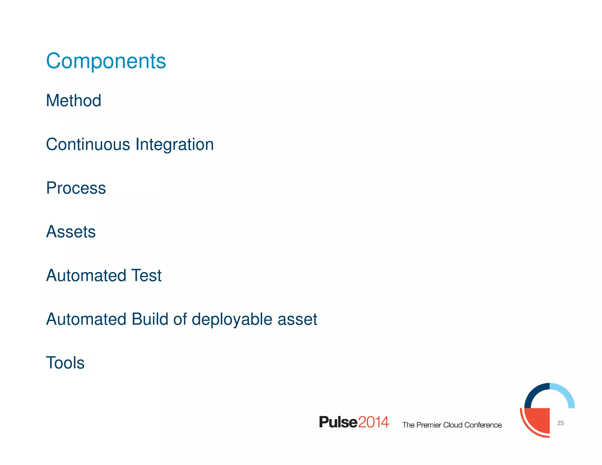 25
Components
Method
Continuous Integration
Process
Assets
Automated Test
Automated Build of deployable asset
Tools
 