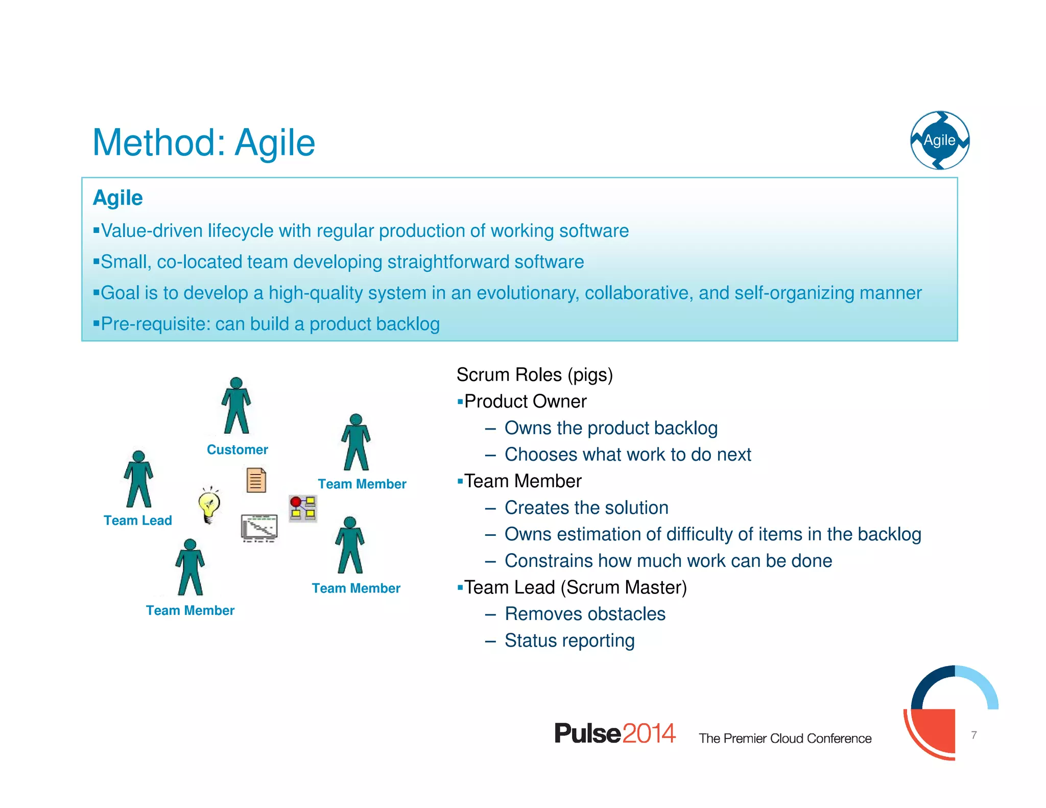7
Method: Agile
7
Team Member
Team Member
Customer
Team Member
Team Lead
Agile
Value-driven lifecycle with regular production of working software
Small, co-located team developing straightforward software
Goal is to develop a high-quality system in an evolutionary, collaborative, and self-organizing manner
Pre-requisite: can build a product backlog
Agile
Scrum Roles (pigs)
Product Owner
– Owns the product backlog
– Chooses what work to do next
Team Member
– Creates the solution
– Owns estimation of difficulty of items in the backlog
– Constrains how much work can be done
Team Lead (Scrum Master)
– Removes obstacles
– Status reporting
 
