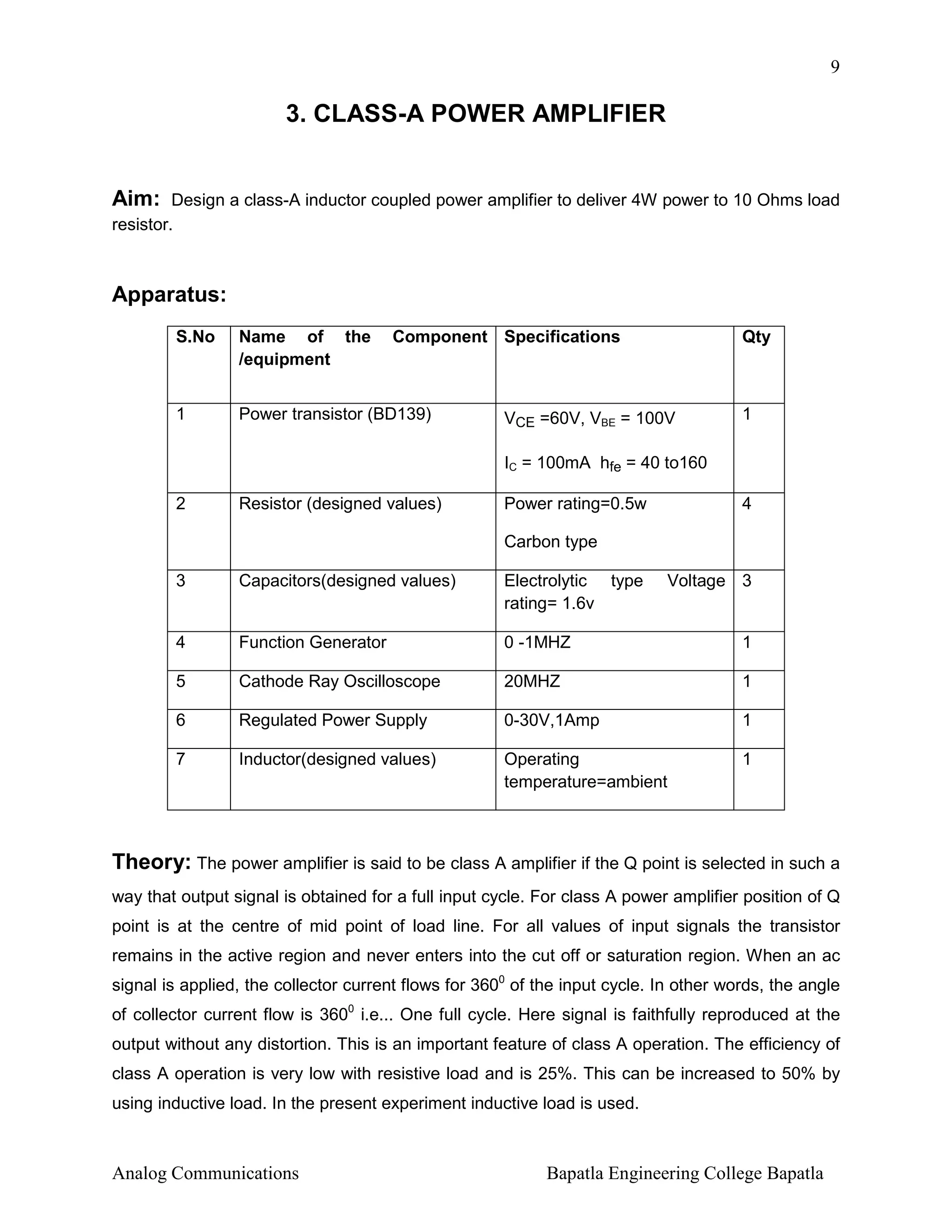 9

3. CLASS-A POWER AMPLIFIER

Aim: Design a class-A inductor coupled power amplifier to deliver 4W power to 10 Ohms load
resistor.
Apparatus:
S.No

Name of the
/equipment

Component Specifications

1

Power transistor (BD139)

Qty

VCE =60V, VBE = 100V

1

IC = 100mA hfe = 40 to160
2

Resistor (designed values)

Power rating=0.5w

4

Carbon type
3

Capacitors(designed values)

Electrolytic type
rating= 1.6v

Voltage 3

4

Function Generator

0 -1MHZ

1

5

Cathode Ray Oscilloscope

20MHZ

1

6

Regulated Power Supply

0-30V,1Amp

1

7

Inductor(designed values)

Operating
temperature=ambient

1

Theory: The power amplifier is said to be class A amplifier if the Q point is selected in such a
way that output signal is obtained for a full input cycle. For class A power amplifier position of Q
point is at the centre of mid point of load line. For all values of input signals the transistor
remains in the active region and never enters into the cut off or saturation region. When an ac
signal is applied, the collector current flows for 3600 of the input cycle. In other words, the angle
of collector current flow is 3600 i.e... One full cycle. Here signal is faithfully reproduced at the
output without any distortion. This is an important feature of class A operation. The efficiency of
class A operation is very low with resistive load and is 25%. This can be increased to 50% by
using inductive load. In the present experiment inductive load is used.

Analog Communications

Bapatla Engineering College Bapatla

 