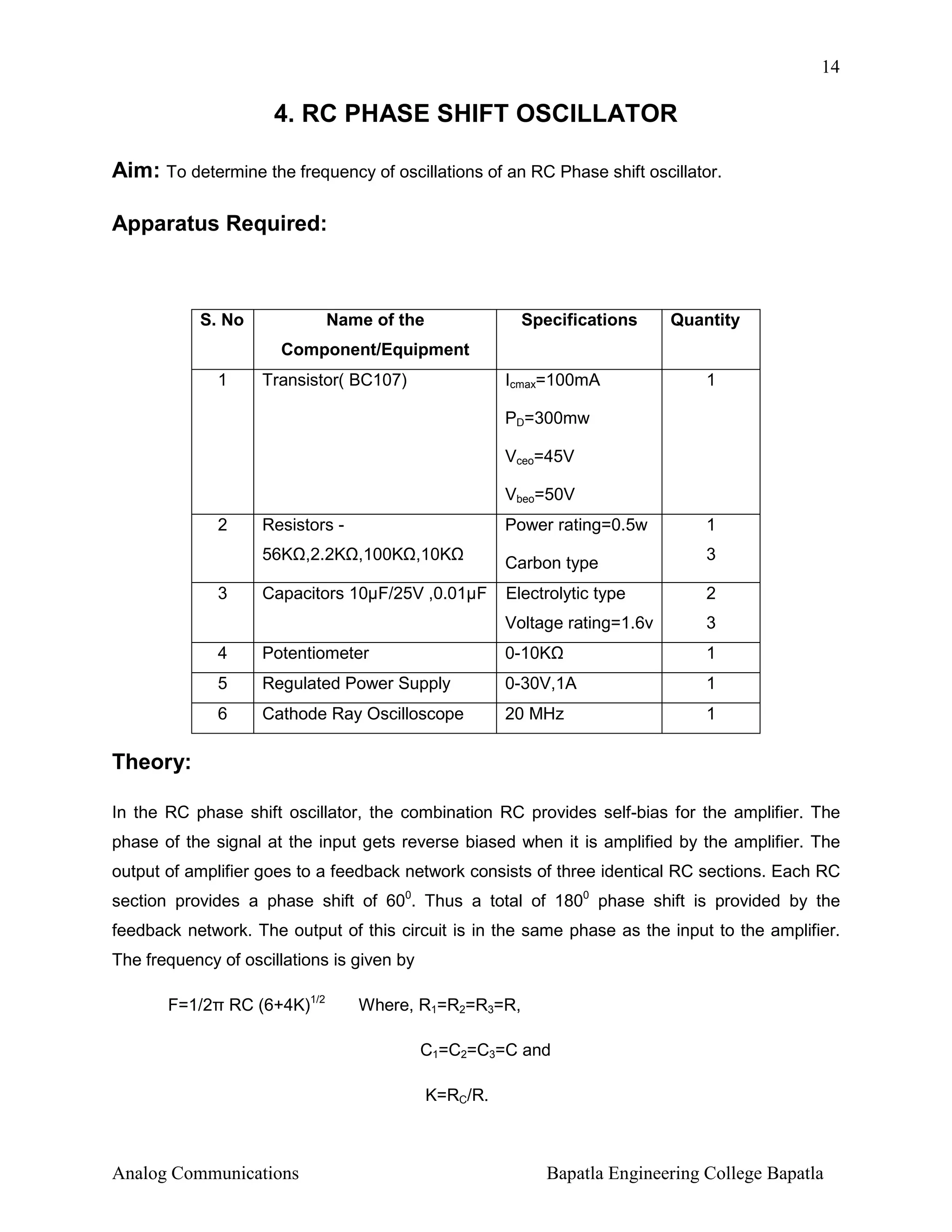 14

4. RC PHASE SHIFT OSCILLATOR
Aim: To determine the frequency of oscillations of an RC Phase shift oscillator.
Apparatus Required:

S. No

Name of the

Specifications

Quantity

Component/Equipment
1

Transistor( BC107)

Icmax=100mA

1

PD=300mw
Vceo=45V
Vbeo=50V
2

Resistors -

Power rating=0.5w

56K ,2.2K ,100K ,10K
3

Capacitors 10µF/25V ,0.01µF

Carbon type

1
3

Electrolytic type

2

Voltage rating=1.6v

3

4

Potentiometer

0-10K

1

5

Regulated Power Supply

0-30V,1A

1

6

Cathode Ray Oscilloscope

20 MHz

1

Theory:
In the RC phase shift oscillator, the combination RC provides self-bias for the amplifier. The
phase of the signal at the input gets reverse biased when it is amplified by the amplifier. The
output of amplifier goes to a feedback network consists of three identical RC sections. Each RC
section provides a phase shift of 600. Thus a total of 1800 phase shift is provided by the
feedback network. The output of this circuit is in the same phase as the input to the amplifier.
The frequency of oscillations is given by
F=1/2π RC (6+4K)1/2

Where, R1=R2=R3=R,
C1=C2=C3=C and
K=RC/R.

Analog Communications

Bapatla Engineering College Bapatla

 