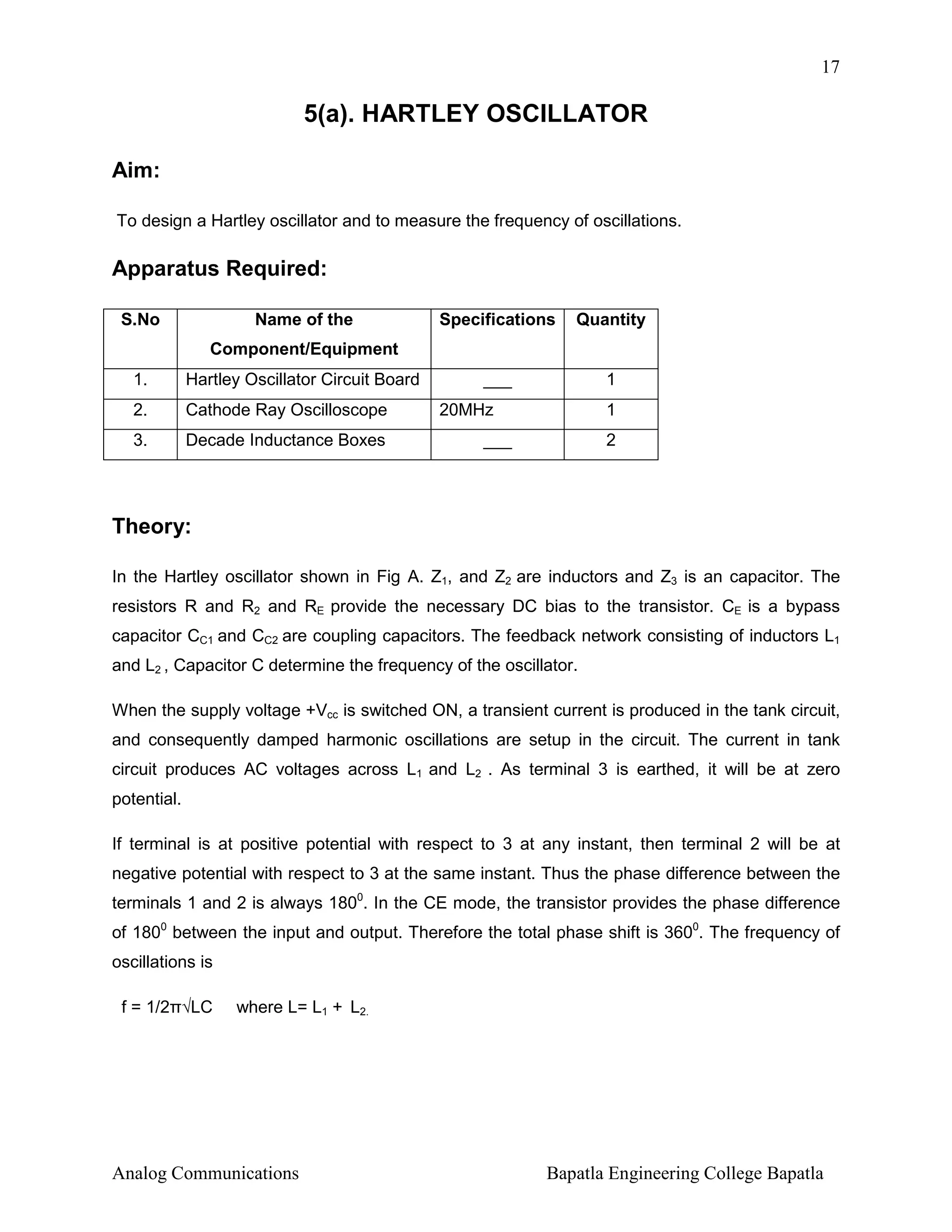 17

5(a). HARTLEY OSCILLATOR
Aim:
To design a Hartley oscillator and to measure the frequency of oscillations.

Apparatus Required:
S.No

Name of the

Specifications

Quantity

___

1

Component/Equipment
1.

Hartley Oscillator Circuit Board

2.

Cathode Ray Oscilloscope

3.

Decade Inductance Boxes

20MHz

1

___

2

Theory:
In the Hartley oscillator shown in Fig A. Z1, and Z2 are inductors and Z3 is an capacitor. The
resistors R and R2 and RE provide the necessary DC bias to the transistor. CE is a bypass
capacitor CC1 and CC2 are coupling capacitors. The feedback network consisting of inductors L1
and L2 , Capacitor C determine the frequency of the oscillator.
When the supply voltage +Vcc is switched ON, a transient current is produced in the tank circuit,
and consequently damped harmonic oscillations are setup in the circuit. The current in tank
circuit produces AC voltages across L1 and L2 . As terminal 3 is earthed, it will be at zero
potential.
If terminal is at positive potential with respect to 3 at any instant, then terminal 2 will be at
negative potential with respect to 3 at the same instant. Thus the phase difference between the
terminals 1 and 2 is always 1800. In the CE mode, the transistor provides the phase difference
of 1800 between the input and output. Therefore the total phase shift is 3600. The frequency of
oscillations is
f = 1/2π√LC

where L= L1 + L2.

Analog Communications

Bapatla Engineering College Bapatla

 
