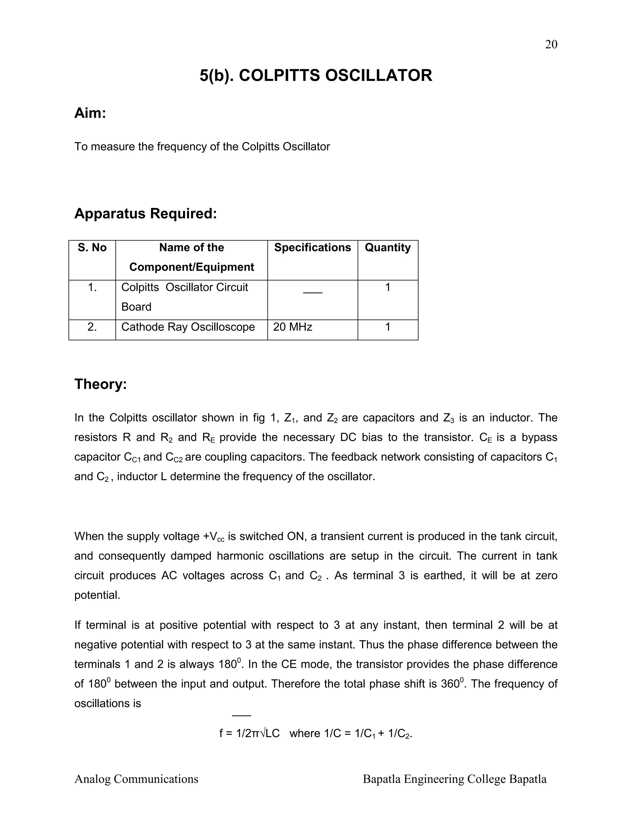 20

5(b). COLPITTS OSCILLATOR
Aim:
To measure the frequency of the Colpitts Oscillator

Apparatus Required:
S. No

Name of the

Specifications

Quantity

___

1

Component/Equipment
1.

Colpitts Oscillator Circuit
Board

2.

Cathode Ray Oscilloscope

20 MHz

1

Theory:
In the Colpitts oscillator shown in fig 1, Z1, and Z2 are capacitors and Z3 is an inductor. The
resistors R and R2 and RE provide the necessary DC bias to the transistor. CE is a bypass
capacitor CC1 and CC2 are coupling capacitors. The feedback network consisting of capacitors C1
and C2 , inductor L determine the frequency of the oscillator.

When the supply voltage +Vcc is switched ON, a transient current is produced in the tank circuit,
and consequently damped harmonic oscillations are setup in the circuit. The current in tank
circuit produces AC voltages across C1 and C2 . As terminal 3 is earthed, it will be at zero
potential.
If terminal is at positive potential with respect to 3 at any instant, then terminal 2 will be at
negative potential with respect to 3 at the same instant. Thus the phase difference between the
terminals 1 and 2 is always 1800. In the CE mode, the transistor provides the phase difference
of 1800 between the input and output. Therefore the total phase shift is 3600. The frequency of
oscillations is
f = 1/2π√LC where 1/C = 1/C1 + 1/C2.

Analog Communications

Bapatla Engineering College Bapatla

 