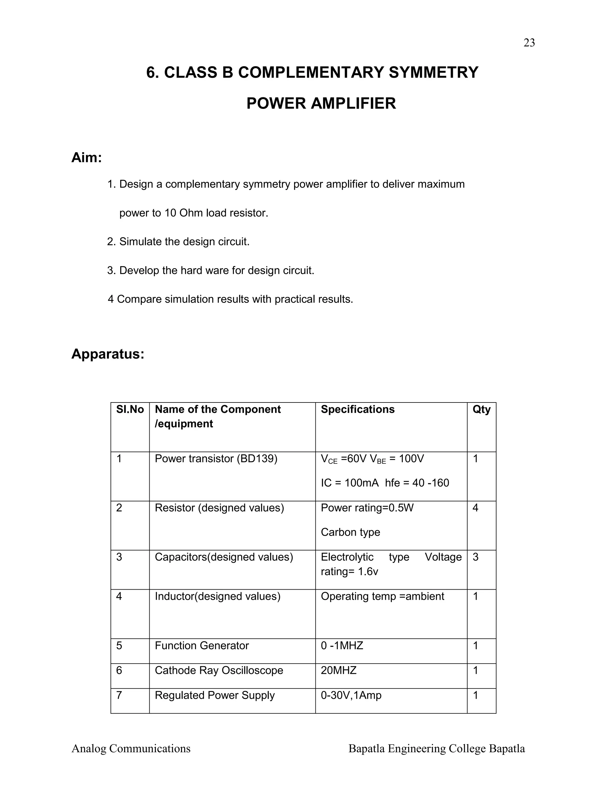 23

6. CLASS B COMPLEMENTARY SYMMETRY
POWER AMPLIFIER

Aim:
1. Design a complementary symmetry power amplifier to deliver maximum
power to 10 Ohm load resistor.
2. Simulate the design circuit.
3. Develop the hard ware for design circuit.
4 Compare simulation results with practical results.

Apparatus:

Sl.No Name of the Component
/equipment

Specifications

Qty

1

VCE =60V VBE = 100V

1

Power transistor (BD139)

IC = 100mA hfe = 40 -160
2

Resistor (designed values)

Power rating=0.5W

4

Carbon type
3

Capacitors(designed values)

Electrolytic type
rating= 1.6v

4

Inductor(designed values)

Operating temp =ambient

1

5

Function Generator

0 -1MHZ

1

6

Cathode Ray Oscilloscope

20MHZ

1

7

Regulated Power Supply

0-30V,1Amp

1

Analog Communications

Voltage 3

Bapatla Engineering College Bapatla

 