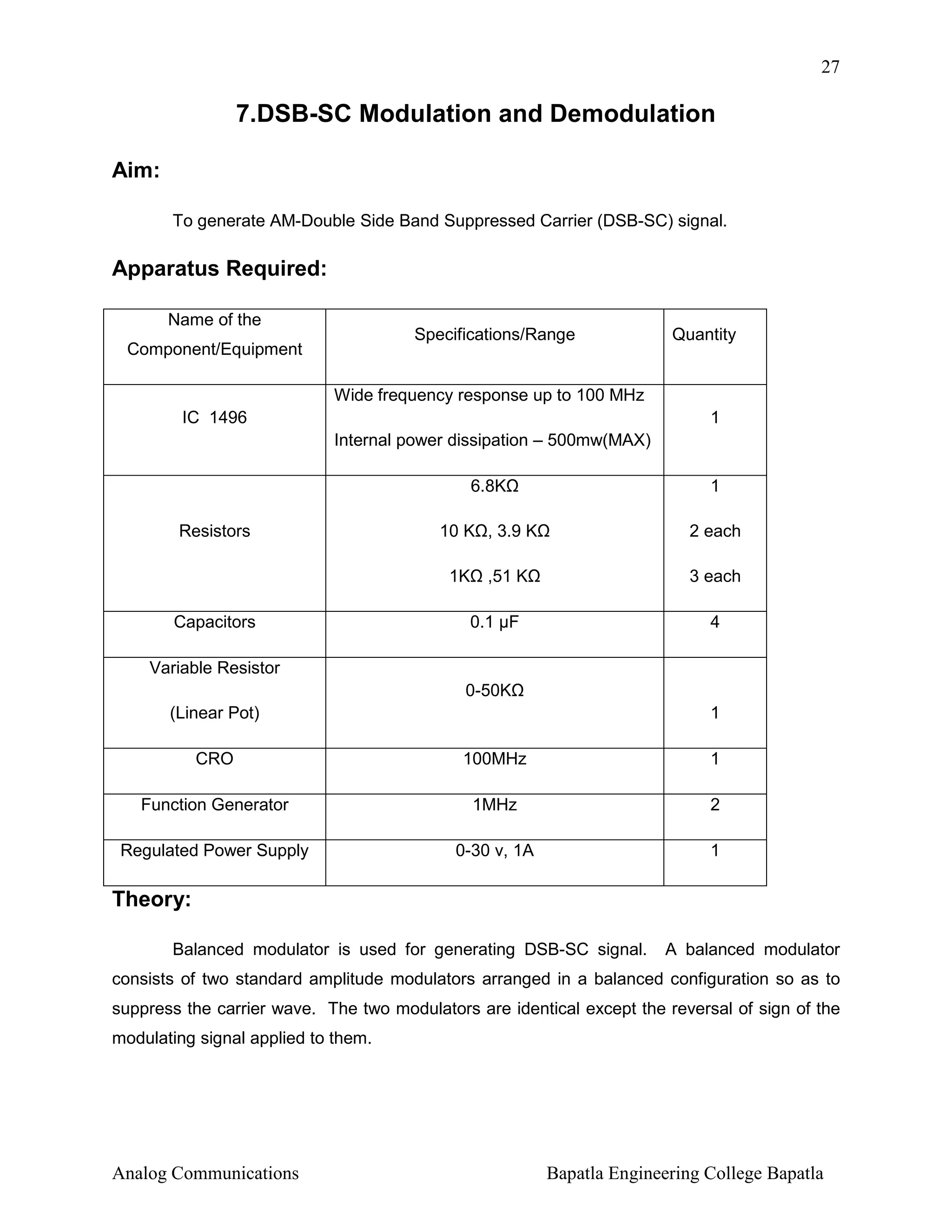 27

7.DSB-SC Modulation and Demodulation
Aim:
To generate AM-Double Side Band Suppressed Carrier (DSB-SC) signal.

Apparatus Required:
Name of the

Specifications/Range

Component/Equipment

Quantity

Wide frequency response up to 100 MHz
IC 1496

1
Internal power dissipation – 500mw(MAX)
6.8K

Resistors

1

10 K , 3.9 K

2 each

1K
Capacitors

,51 K

3 each

0.1 µF

4

Variable Resistor
0-50K
(Linear Pot)

1

CRO

100MHz

1

Function Generator

1MHz

2

Regulated Power Supply

0-30 v, 1A

1

Theory:
Balanced modulator is used for generating DSB-SC signal.

A balanced modulator

consists of two standard amplitude modulators arranged in a balanced configuration so as to
suppress the carrier wave. The two modulators are identical except the reversal of sign of the
modulating signal applied to them.

Analog Communications

Bapatla Engineering College Bapatla

 