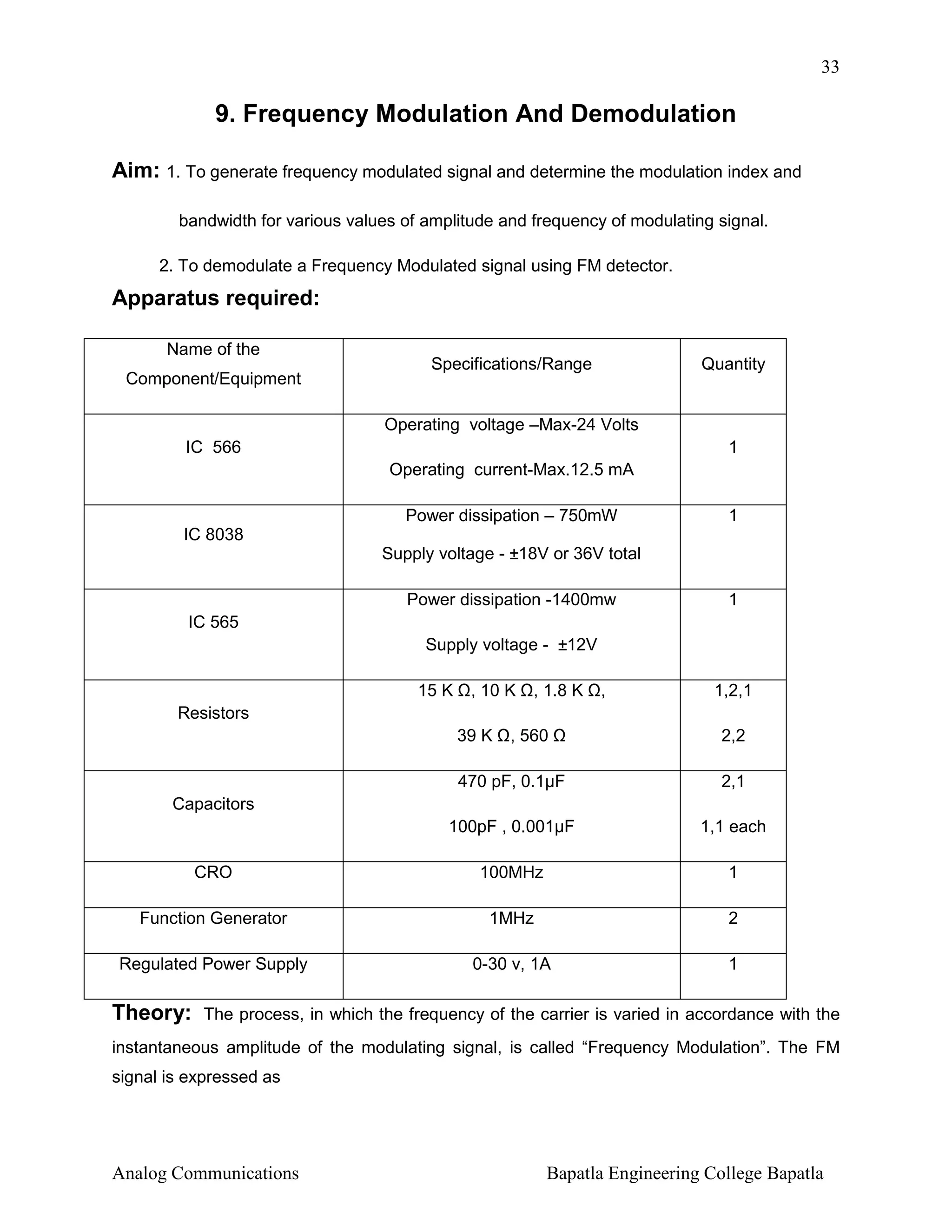 33

9. Frequency Modulation And Demodulation
Aim: 1. To generate frequency modulated signal and determine the modulation index and
bandwidth for various values of amplitude and frequency of modulating signal.
2. To demodulate a Frequency Modulated signal using FM detector.

Apparatus required:
Name of the
Component/Equipment

Specifications/Range

Quantity

Operating voltage –Max-24 Volts
IC 566

1
Operating current-Max.12.5 mA
Power dissipation – 750mW

1

IC 8038
Supply voltage - ±18V or 36V total
Power dissipation -1400mw

1

IC 565
Supply voltage - ±12V
15 K

, 10 K

, 1.8 K

,

1,2,1

Resistors
39 K

, 560

2,2

470 pF, 0.1µF

2,1

100pF , 0.001µF

1,1 each

CRO

100MHz

1

Function Generator

1MHz

2

Regulated Power Supply

0-30 v, 1A

1

Capacitors

Theory:

The process, in which the frequency of the carrier is varied in accordance with the

instantaneous amplitude of the modulating signal, is called “Frequency Modulation”. The FM
signal is expressed as

Analog Communications

Bapatla Engineering College Bapatla

 