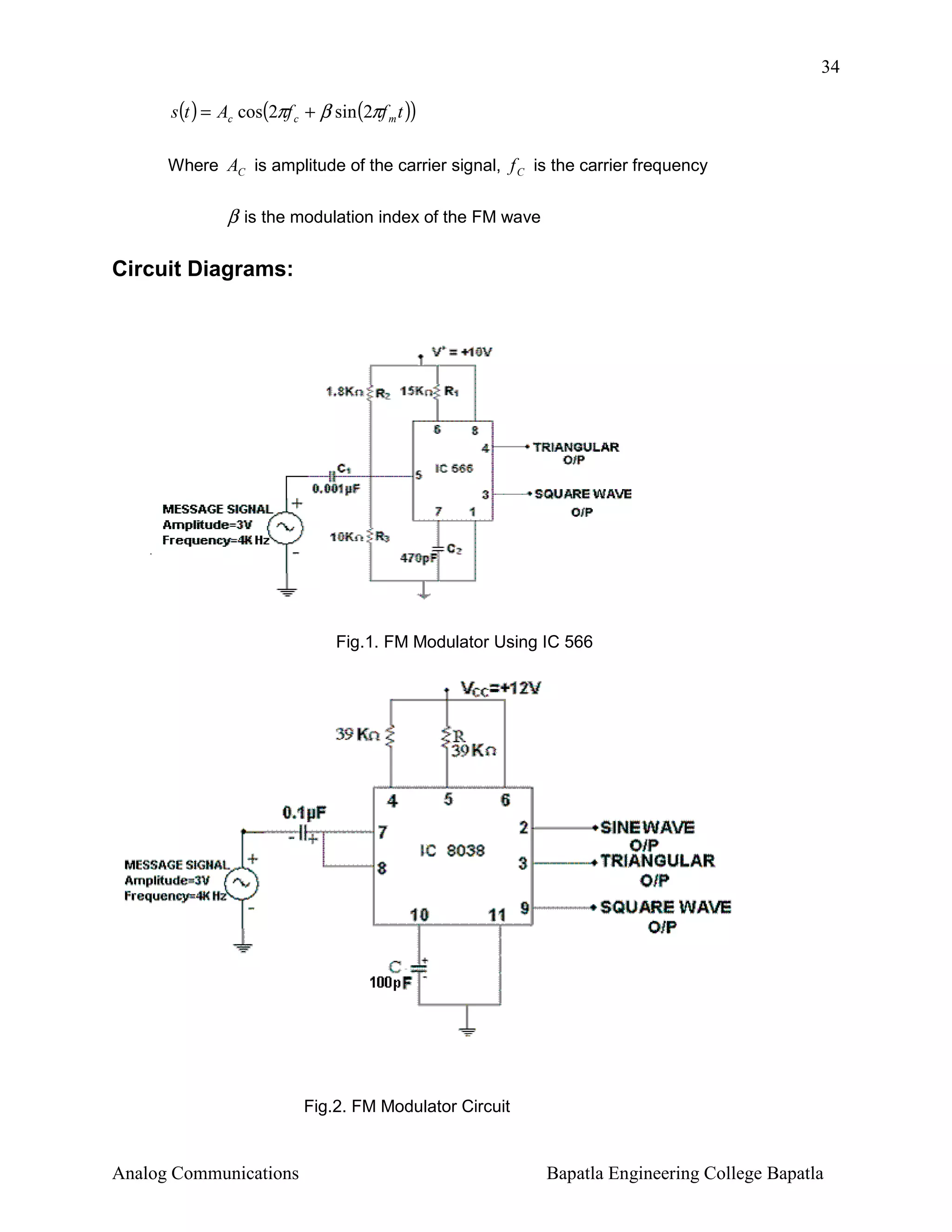34
s (t ) = Ac cos(2πf c + β sin (2πf m t ))
Where AC is amplitude of the carrier signal, f C is the carrier frequency

β is the modulation index of the FM wave

Circuit Diagrams:

Fig.1. FM Modulator Using IC 566

Fig.2. FM Modulator Circuit

Analog Communications

Bapatla Engineering College Bapatla

 