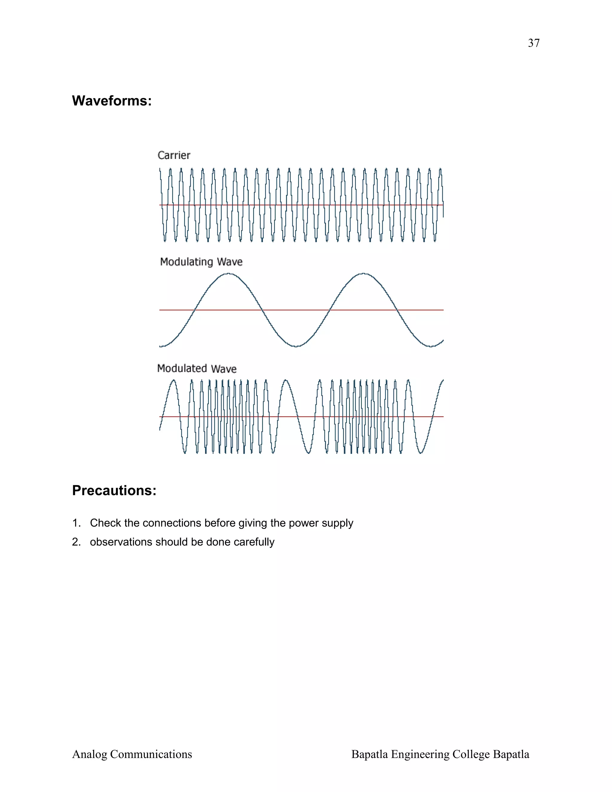 37

Waveforms:

Precautions:
1. Check the connections before giving the power supply
2. observations should be done carefully

Analog Communications

Bapatla Engineering College Bapatla

 
