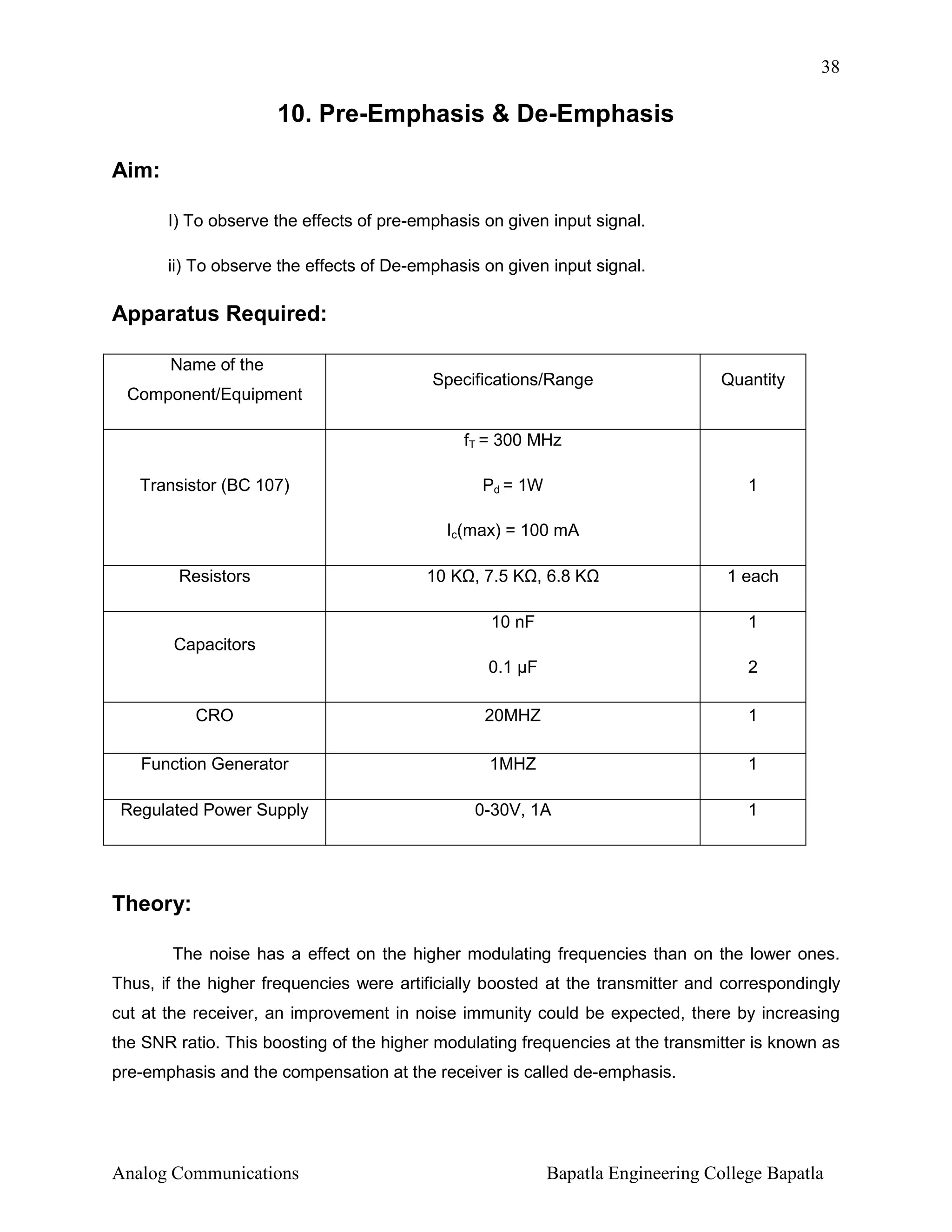 38

10. Pre-Emphasis & De-Emphasis
Aim:
I) To observe the effects of pre-emphasis on given input signal.
ii) To observe the effects of De-emphasis on given input signal.

Apparatus Required:
Name of the
Component/Equipment

Specifications/Range

Quantity

fT = 300 MHz
Transistor (BC 107)

Pd = 1W

1

Ic(max) = 100 mA
Resistors

10 K , 7.5 K , 6.8 K

1 each

10 nF

1

0.1 µF

2

CRO

20MHZ

1

Function Generator

1MHZ

1

Regulated Power Supply

0-30V, 1A

1

Capacitors

Theory:
The noise has a effect on the higher modulating frequencies than on the lower ones.
Thus, if the higher frequencies were artificially boosted at the transmitter and correspondingly
cut at the receiver, an improvement in noise immunity could be expected, there by increasing
the SNR ratio. This boosting of the higher modulating frequencies at the transmitter is known as
pre-emphasis and the compensation at the receiver is called de-emphasis.

Analog Communications

Bapatla Engineering College Bapatla

 