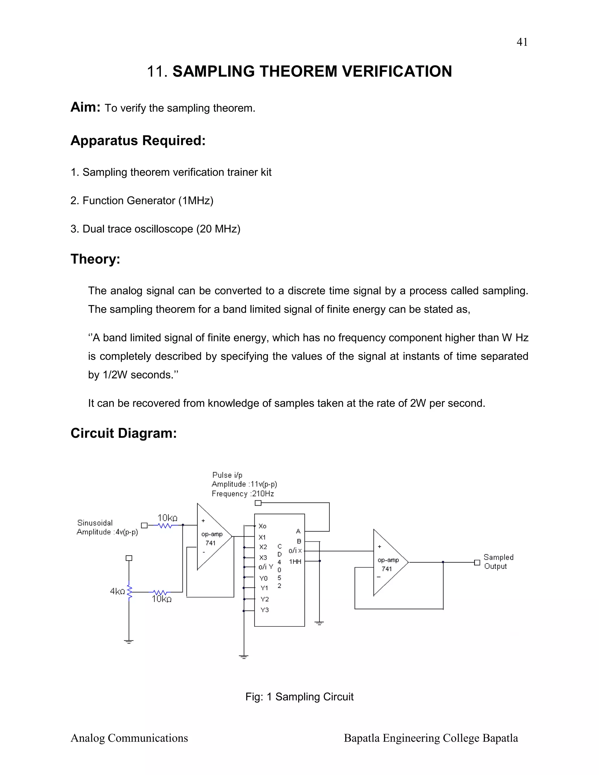 41

11. SAMPLING THEOREM VERIFICATION
Aim: To verify the sampling theorem.
Apparatus Required:
1. Sampling theorem verification trainer kit
2. Function Generator (1MHz)
3. Dual trace oscilloscope (20 MHz)

Theory:
The analog signal can be converted to a discrete time signal by a process called sampling.
The sampling theorem for a band limited signal of finite energy can be stated as,
‘’A band limited signal of finite energy, which has no frequency component higher than W Hz
is completely described by specifying the values of the signal at instants of time separated
by 1/2W seconds.’’
It can be recovered from knowledge of samples taken at the rate of 2W per second.

Circuit Diagram:

Fig: 1 Sampling Circuit

Analog Communications

Bapatla Engineering College Bapatla

 