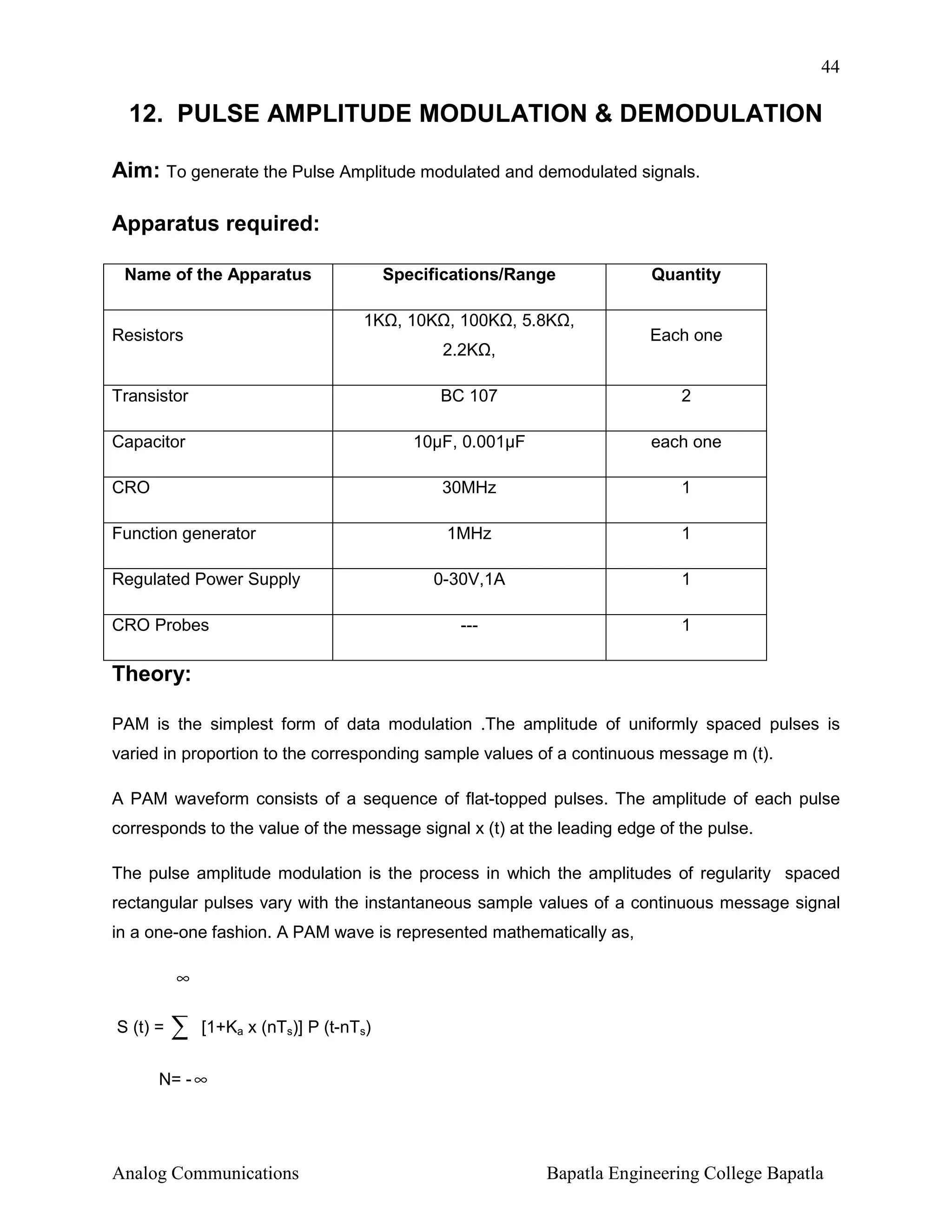 44

12. PULSE AMPLITUDE MODULATION & DEMODULATION
Aim: To generate the Pulse Amplitude modulated and demodulated signals.
Apparatus required:
Name of the Apparatus

Specifications/Range
1K , 10K , 100K , 5.8K ,

Resistors

2.2K ,

Quantity

Each one

Transistor

BC 107

2

Capacitor

10µF, 0.001µF

each one

CRO

30MHz

1

Function generator

1MHz

1

0-30V,1A

1

---

1

Regulated Power Supply
CRO Probes

Theory:
PAM is the simplest form of data modulation .The amplitude of uniformly spaced pulses is
varied in proportion to the corresponding sample values of a continuous message m (t).
A PAM waveform consists of a sequence of flat-topped pulses. The amplitude of each pulse
corresponds to the value of the message signal x (t) at the leading edge of the pulse.
The pulse amplitude modulation is the process in which the amplitudes of regularity spaced
rectangular pulses vary with the instantaneous sample values of a continuous message signal
in a one-one fashion. A PAM wave is represented mathematically as,

∞
S (t) =

∑

[1+Ka x (nTs)] P (t-nTs)

N= - ∞

Analog Communications

Bapatla Engineering College Bapatla

 