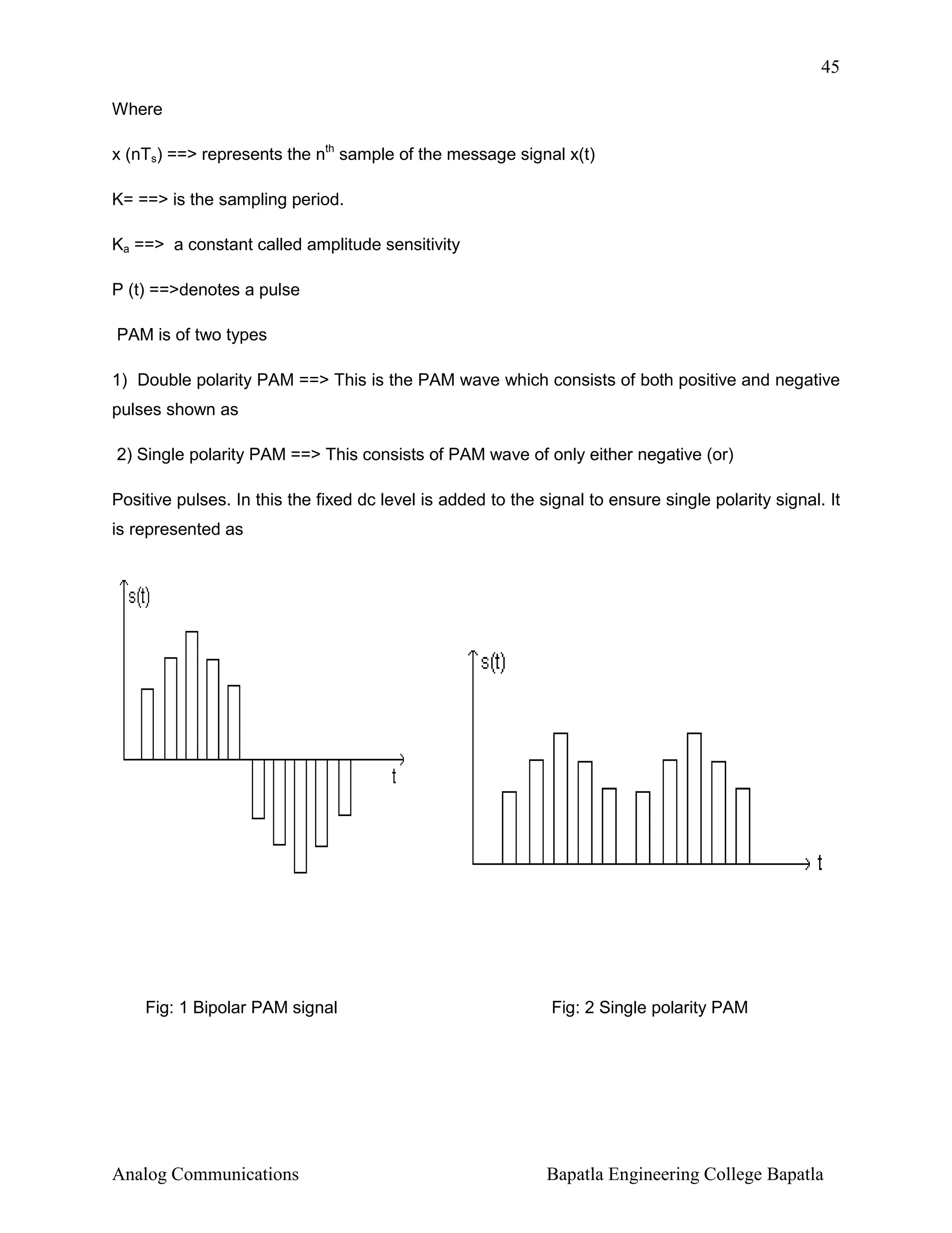 45
Where
x (nTs) ==> represents the nth sample of the message signal x(t)
K= ==> is the sampling period.
Ka ==> a constant called amplitude sensitivity
P (t) ==>denotes a pulse
PAM is of two types
1) Double polarity PAM ==> This is the PAM wave which consists of both positive and negative
pulses shown as
2) Single polarity PAM ==> This consists of PAM wave of only either negative (or)
Positive pulses. In this the fixed dc level is added to the signal to ensure single polarity signal. It
is represented as

Fig: 1 Bipolar PAM signal

Analog Communications

Fig: 2 Single polarity PAM

Bapatla Engineering College Bapatla

 
