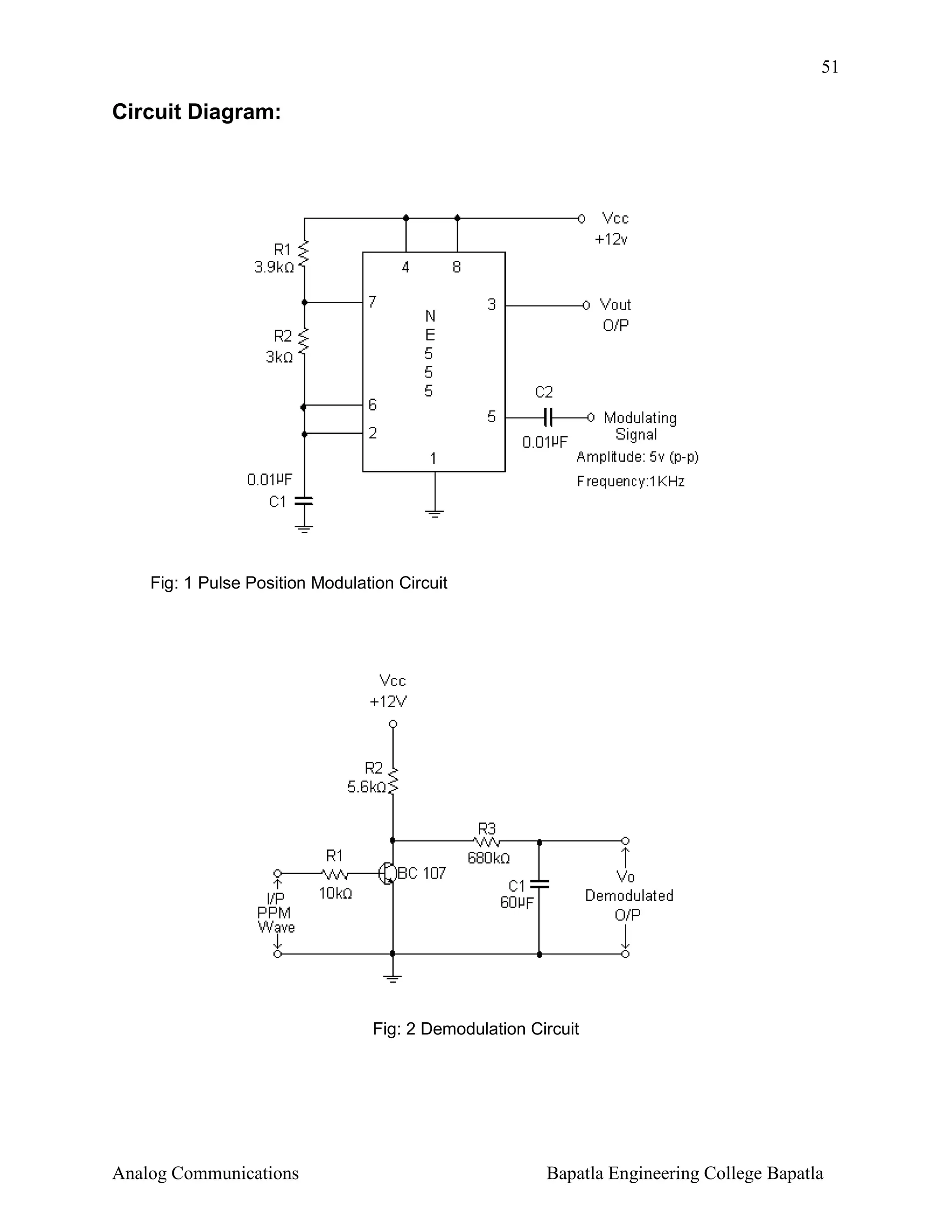 51

Circuit Diagram:

Fig: 1 Pulse Position Modulation Circuit

Fig: 2 Demodulation Circuit

Analog Communications

Bapatla Engineering College Bapatla

 