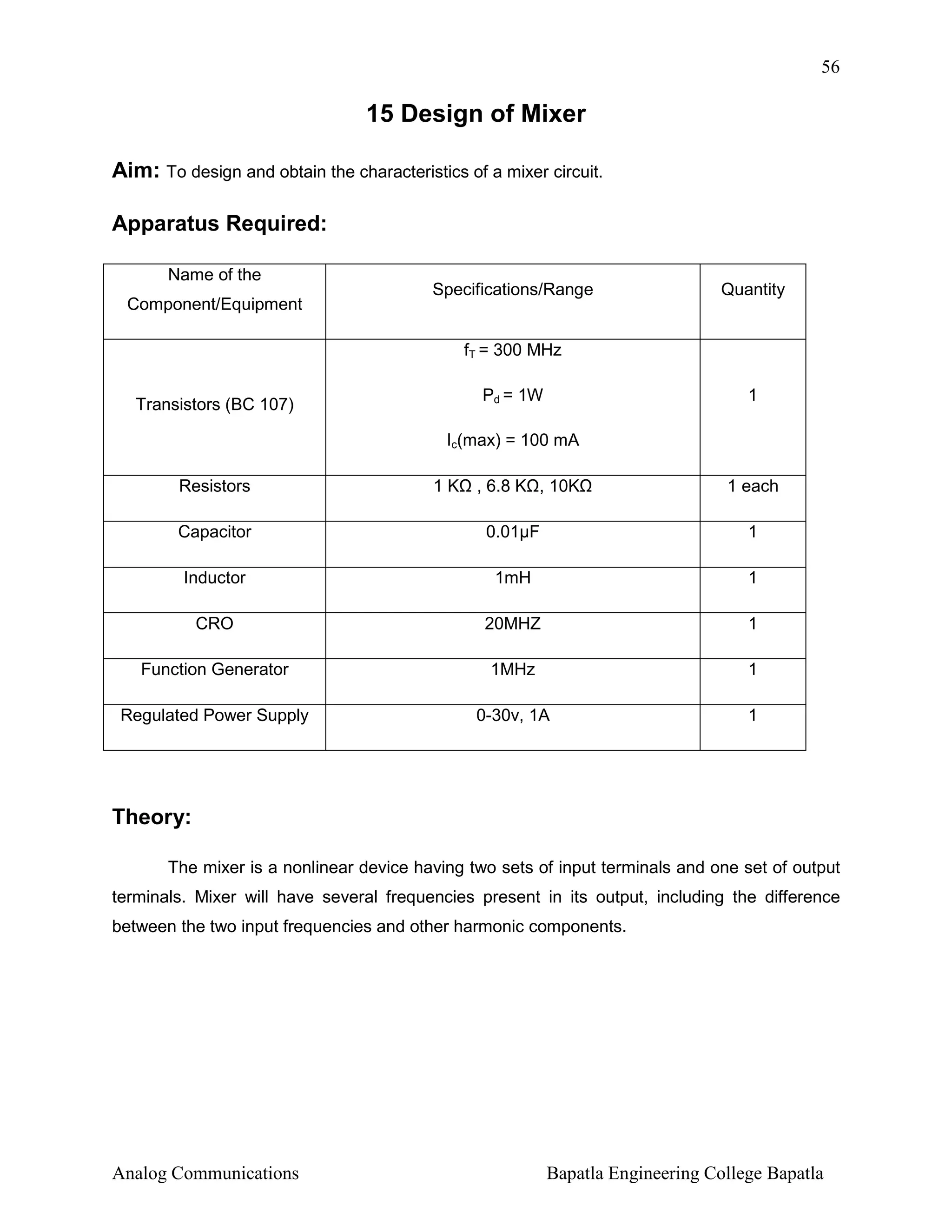 56

15 Design of Mixer
Aim: To design and obtain the characteristics of a mixer circuit.
Apparatus Required:
Name of the
Component/Equipment

Specifications/Range

Quantity

fT = 300 MHz
Pd = 1W

Transistors (BC 107)

1

Ic(max) = 100 mA
Resistors

1K

, 6.8 K , 10K

1 each

Capacitor

0.01µF

1

Inductor

1mH

1

CRO

20MHZ

1

Function Generator

1MHz

1

Regulated Power Supply

0-30v, 1A

1

Theory:
The mixer is a nonlinear device having two sets of input terminals and one set of output
terminals. Mixer will have several frequencies present in its output, including the difference
between the two input frequencies and other harmonic components.

Analog Communications

Bapatla Engineering College Bapatla

 
