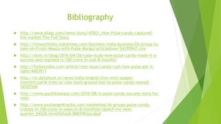Bibliography
 http://www.afaqs.com/news/story/47821_How-Pulse-candy-captured-
the-market-The-Full-Story
 http://timesofindia.indiatimes.com/business/india-business/DS-Group-to-
take-on-Frooti-Maaza-with-Pulse-Mango/articleshow/54370947.cms
 http://dsim.in/blog/2016/04/26/case-study-how-pulse-candy-made-it-a-
success-and-reached-rs-100-crore-in-just-8-months/
 http://forbesindia.com/article/real-issue/candy-rush-how-pulse-got-it-
right/44039/1
 http://m.dailyhunt.in/news/india/english/live-mint-epaper-
livemint/parle-tries-to-claw-back-ground-lost-to-pulse-candy-newsid-
54525540
 http://www.youthkiawaaz.com/2016/08/is-pulse-candy-success-story-for-
real/
 http://www.exchange4media.com/marketing/ds-groups-pulse-candy-
crosses-rs-100-crore-in-sales-in-8-monthsto-launch-tvc-next-
quarter_64226.html#sthash.8MfXWUzy.dpuf
 
