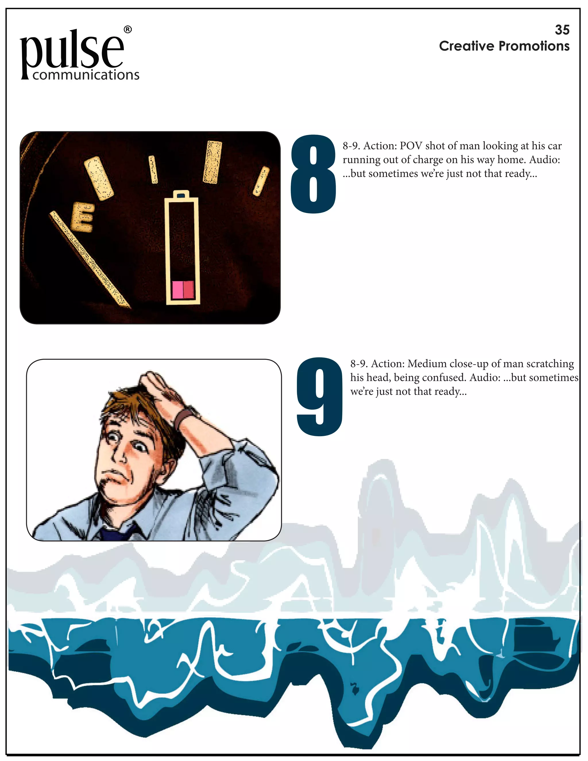 !"
                                         #$%&'()%*+$,-,'(,./

communications




                 !
                     8-9. Action: POV shot of man looking at his car
                     running out of charge on his way home. Audio:
                     ...but sometimes we’re just not that ready...




                 "
                      8-9. Action: Medium close-up of man scratching
                      his head, being confused. Audio: ...but sometimes
                      we’re just not that ready...
 