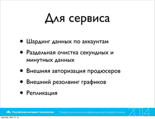 Для сервиса
• Шардинг данных по аккаунтам
• Раздельная очистка секундных и
минутных данных
• Внешняя авторизация продюсеров
• Внешний резолвинг графиков
• Репликация
Saturday, April 12, 14
 