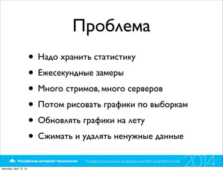 Проблема
• Надо хранить статистику
• Ежесекундные замеры
• Много стримов, много серверов
• Потом рисовать графики по выборкам
• Обновлять графики на лету
• Сжимать и удалять ненужные данные
Saturday, April 12, 14
 